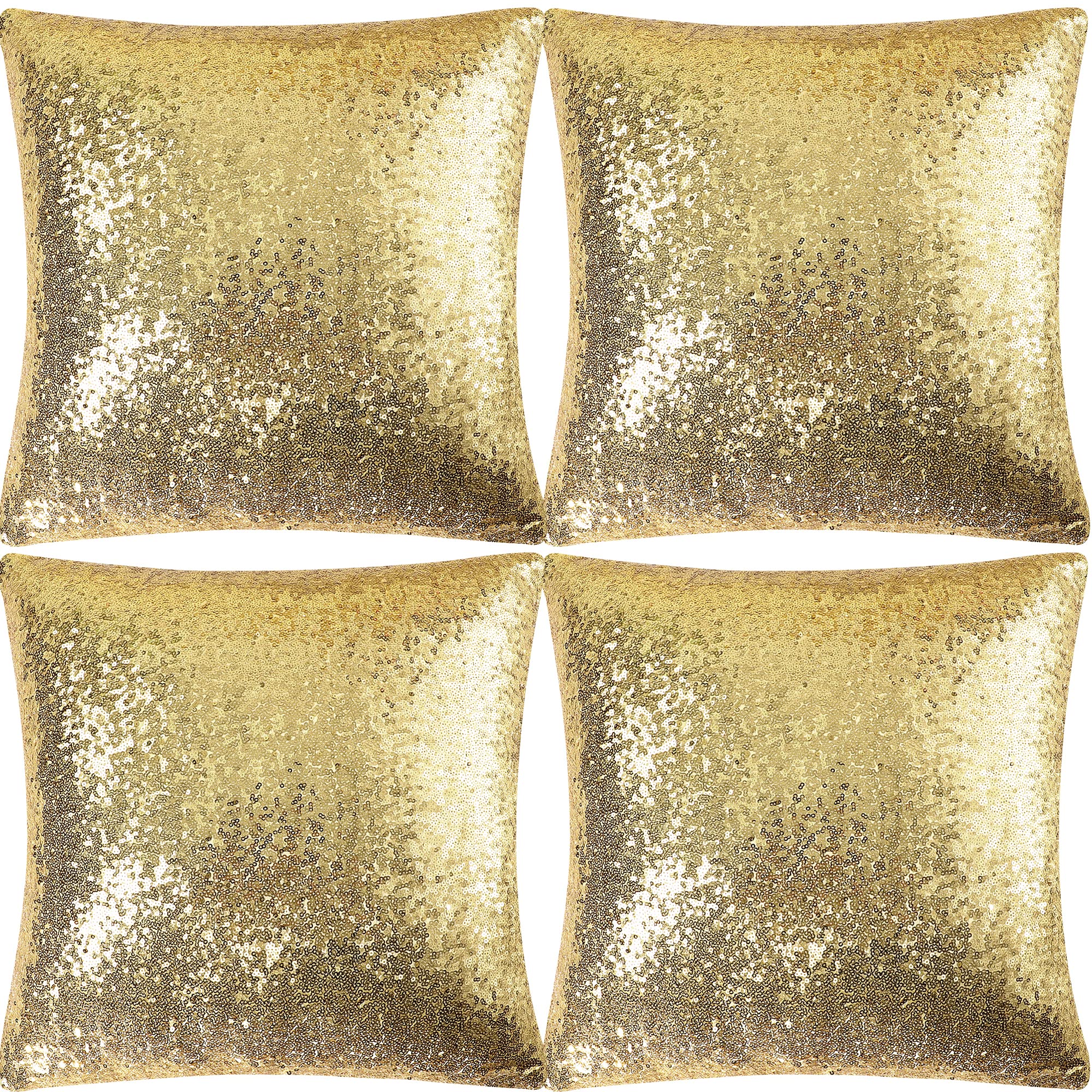PiccoCasa 4 Pcs Sequin Throw Pillow Covers, 45x45cm, Glitzy Decorative Cushion Cover, Shiny Sparkling Satin Square Pillowcase Cover for Livingroom Decor Wedding Party, Gold