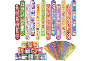 ADXCO 48 Pieces Happy 100th Day of School Slap Bracelets 100th Days School Snap Slip Wristband 12 Assorted Styles Slap Bands Party Favors for School Classroom Prizes Birthday Gifts