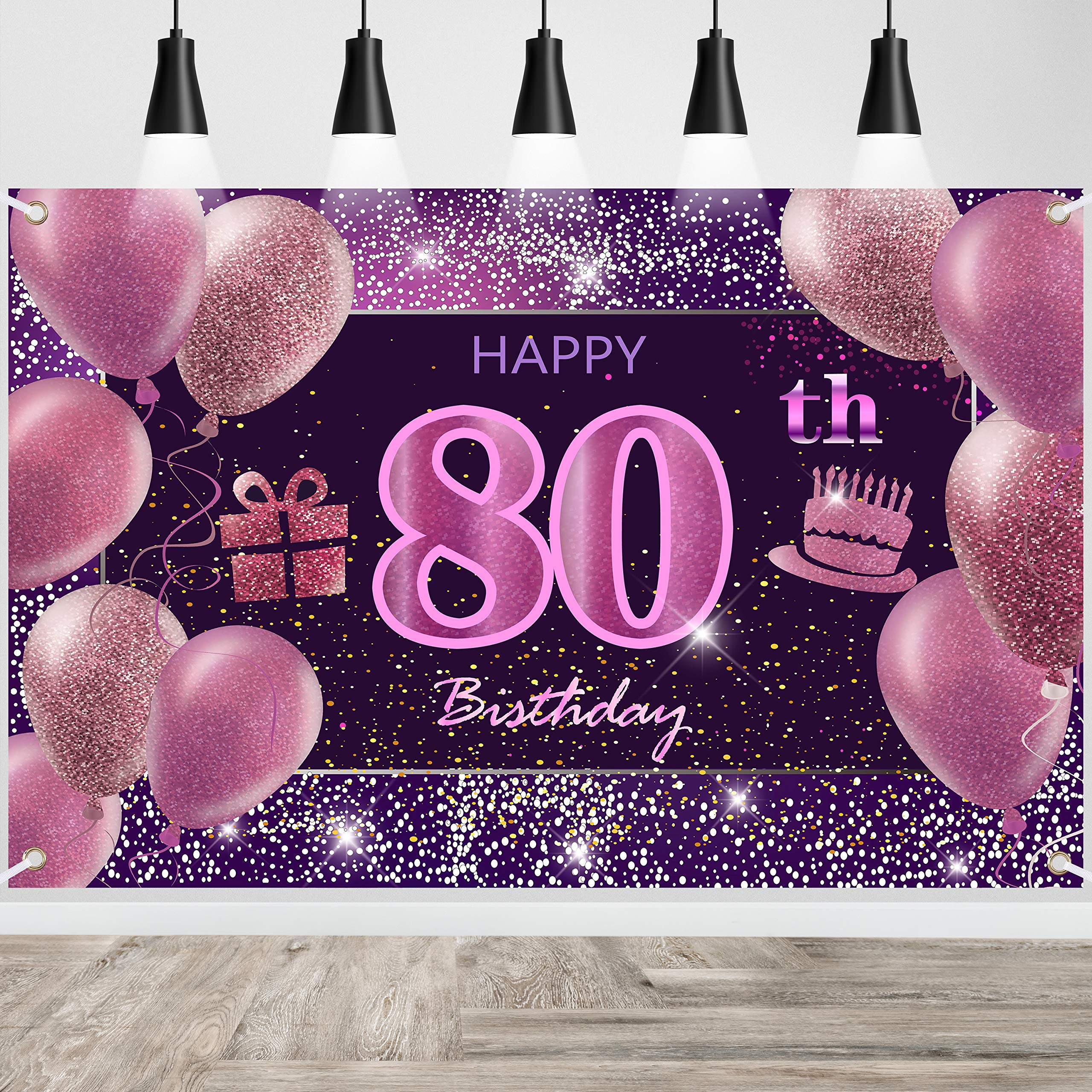 IMISI Happy Birthday Banner & Backdrop Decorations - Pink, 80th Birthday Party