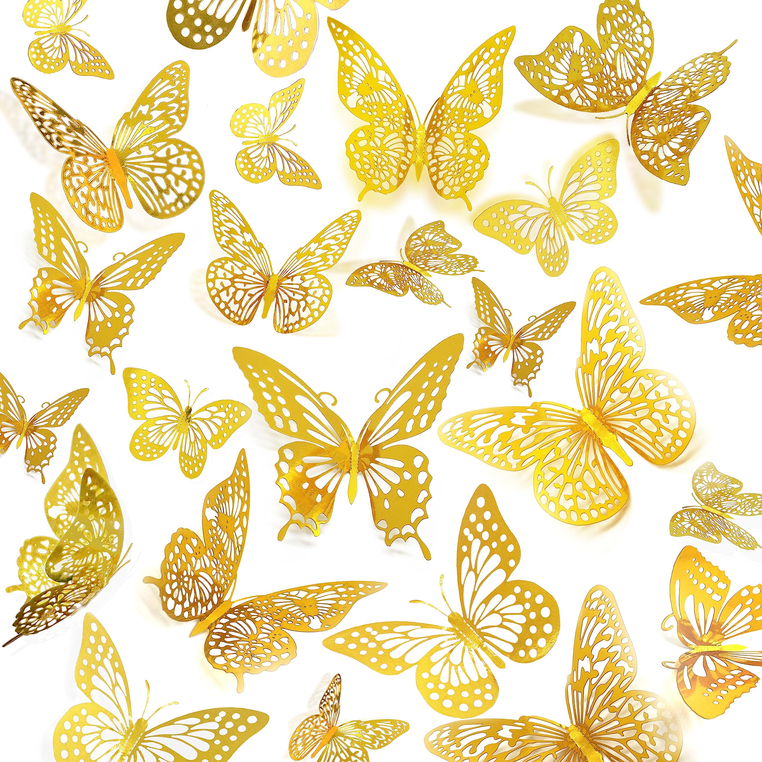 JOSDIOX 3D Butterfly Wall Decor Sticker -48 Pcs, 4 Styles, 3 Sizes Gold Butterflies Decoration for Party, Birthday & Wedding Celebrations, Cake Decorating, Balloons, Removable Stickers.