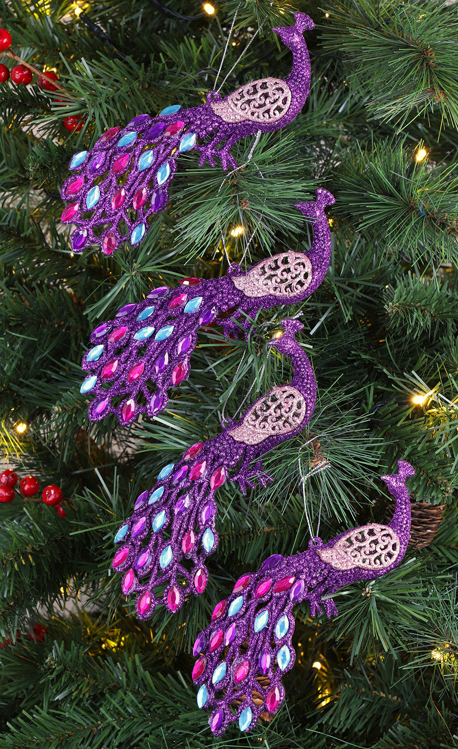 Christmas Concepts® 20cm (8") Peacock Decoration With Jewelled Tail - Luxury Christmas Tree Decorations (Purple Beaded, Pack of 4)