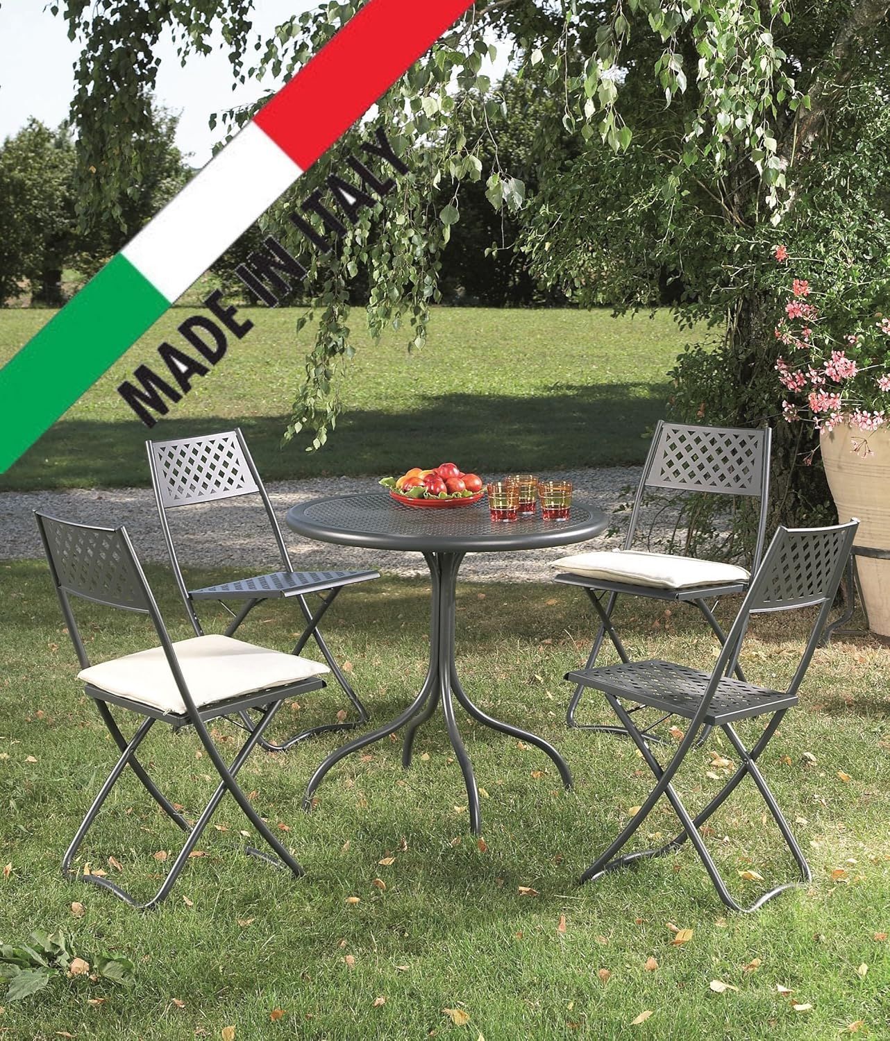 Classic Set Tisch rund d.80 Plan in Netzwerk mit 4 Klappstühle Farbe