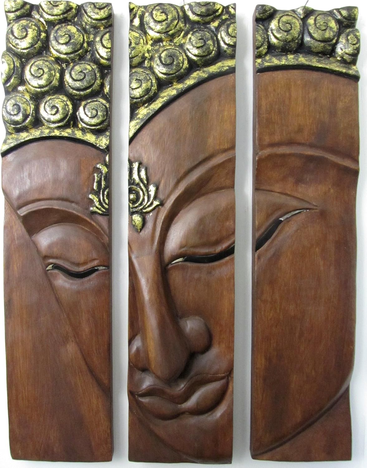 Large Wooden Buddha Face Wall Decor Hand Carved Wood 3 Panel Art Brown