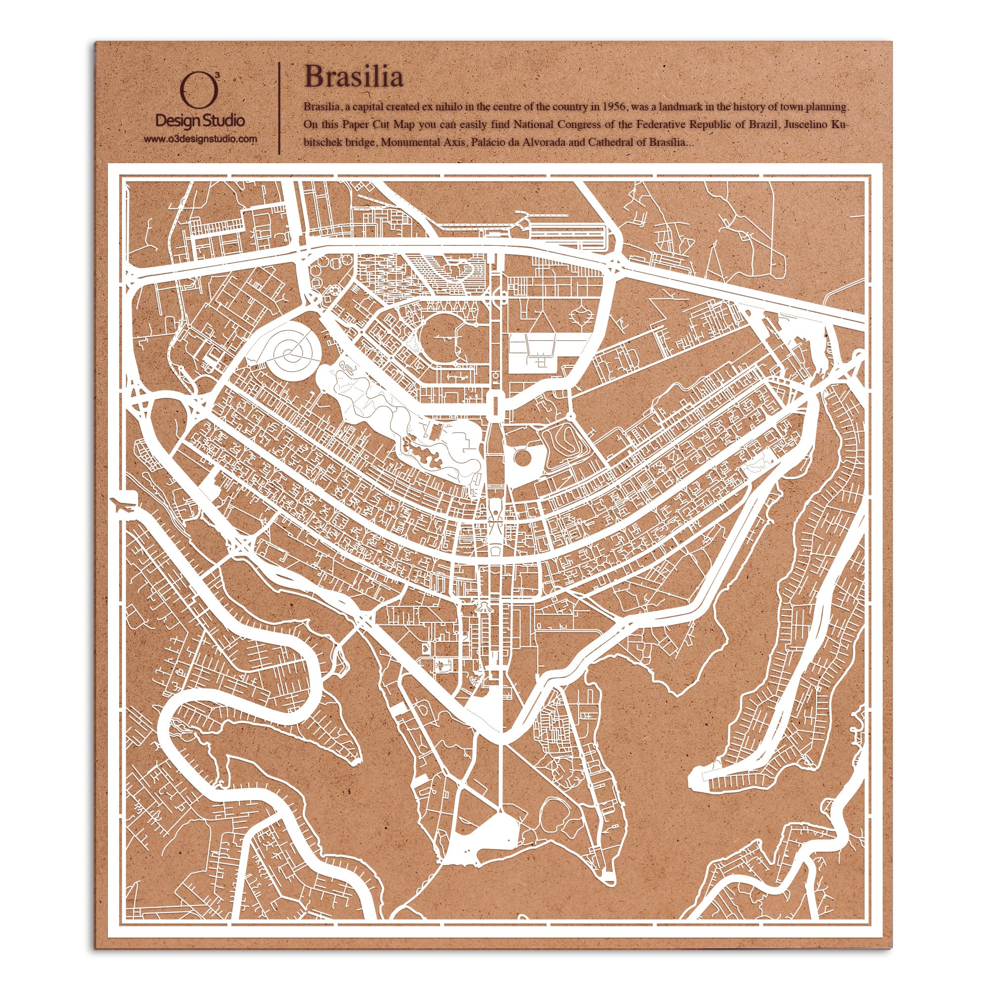 Brasília Paper Cut Map by O3 Design Studio White 30x30 cm Paper Art — image 1