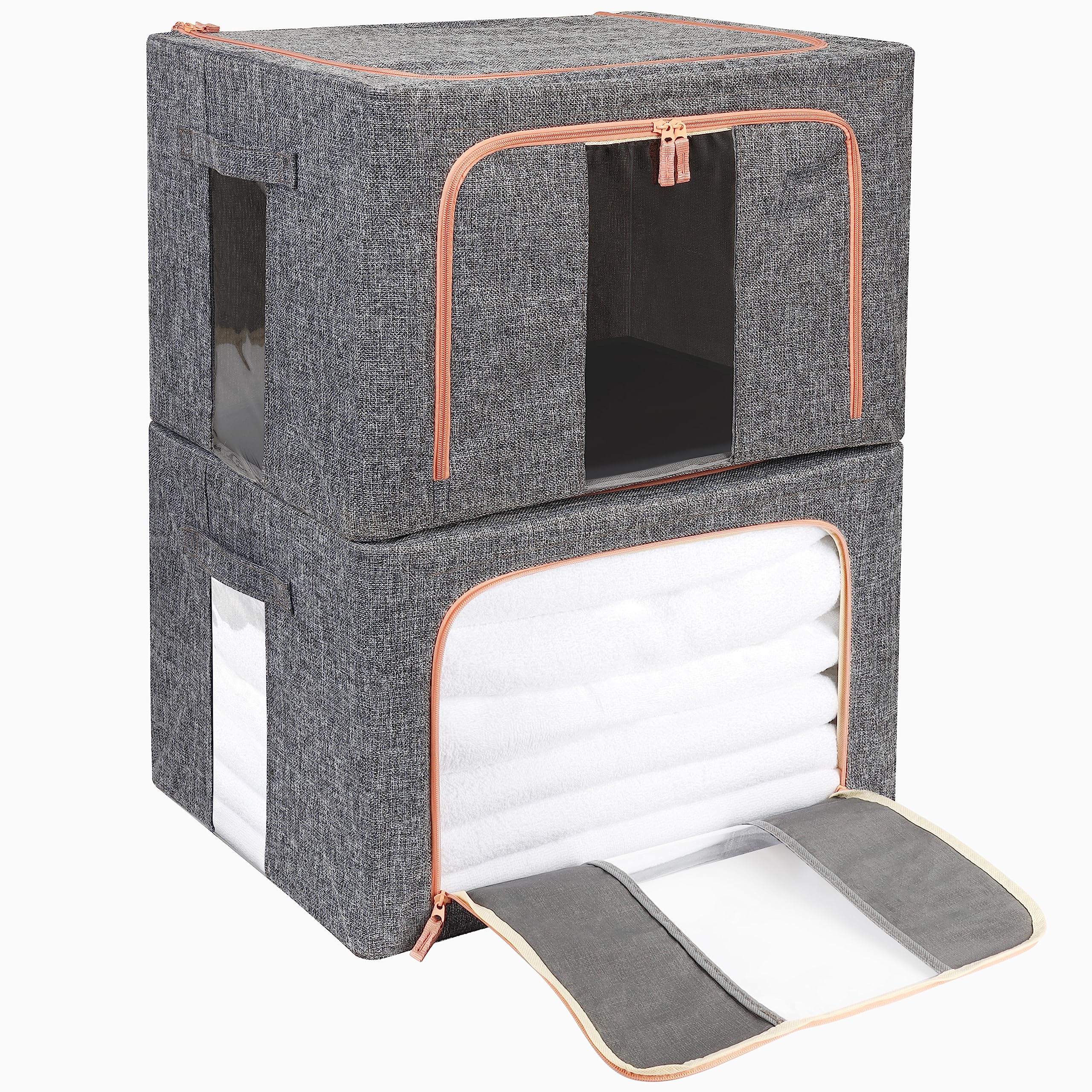 Belle Vous 2 Pack of Foldable Clothes Storage Boxes with Steel Frames - Closet Organiser Bags with Clear Windows & Reinforced Handles - Large-Capacity Bins for Clothes, Bedding, Blankets & Comforters