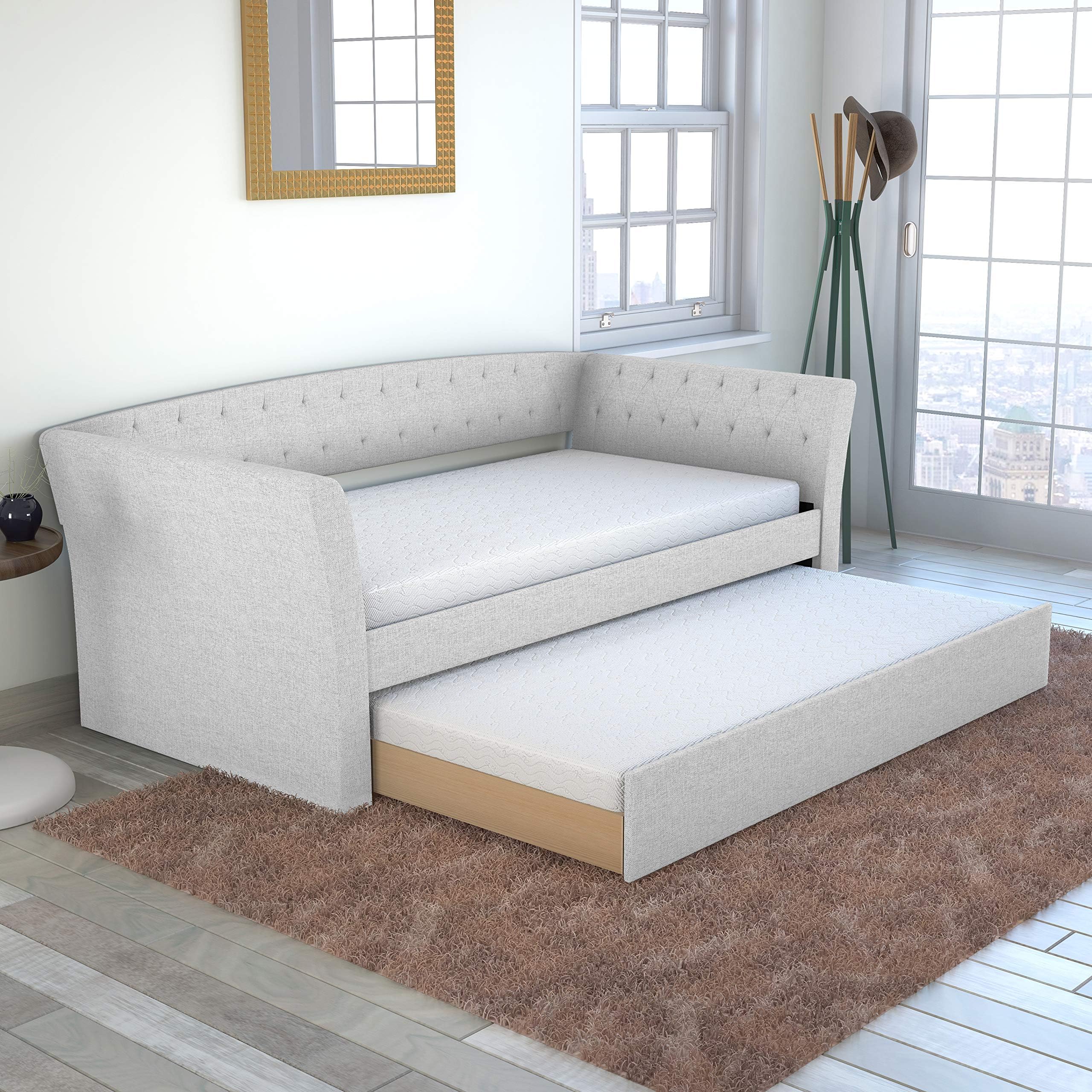 Boyd Sleep Myra Upholstered Platform Daybed and Pull Out Guest Trundle Bed Frame Mattress Foundation with Strong Wood Slat Supports: Tufted Linen, Cream, Twin