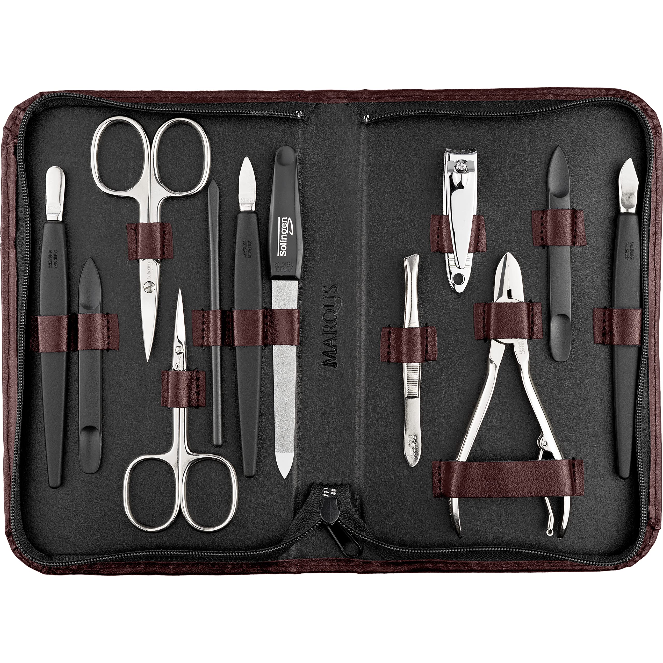 Manicure Set - 12 Piece Professional Pedicure Tools - German Made Nail Kit - Grooming Set - Genuine Leather Case - Ideal Travel Nail Kit - Nail Set - Incl. Nail Cutter - Red Brown
