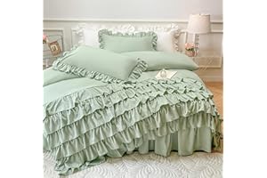 MOOWOO Girls Bedding,Waterfall Ruffle Duvet Cover -Queen 3 Piece Shabby Chic Bedding Solid Color Soft and Breathable with Zipper Closure,Corner Ties,Aesthetic Bedding (Green,Queen)