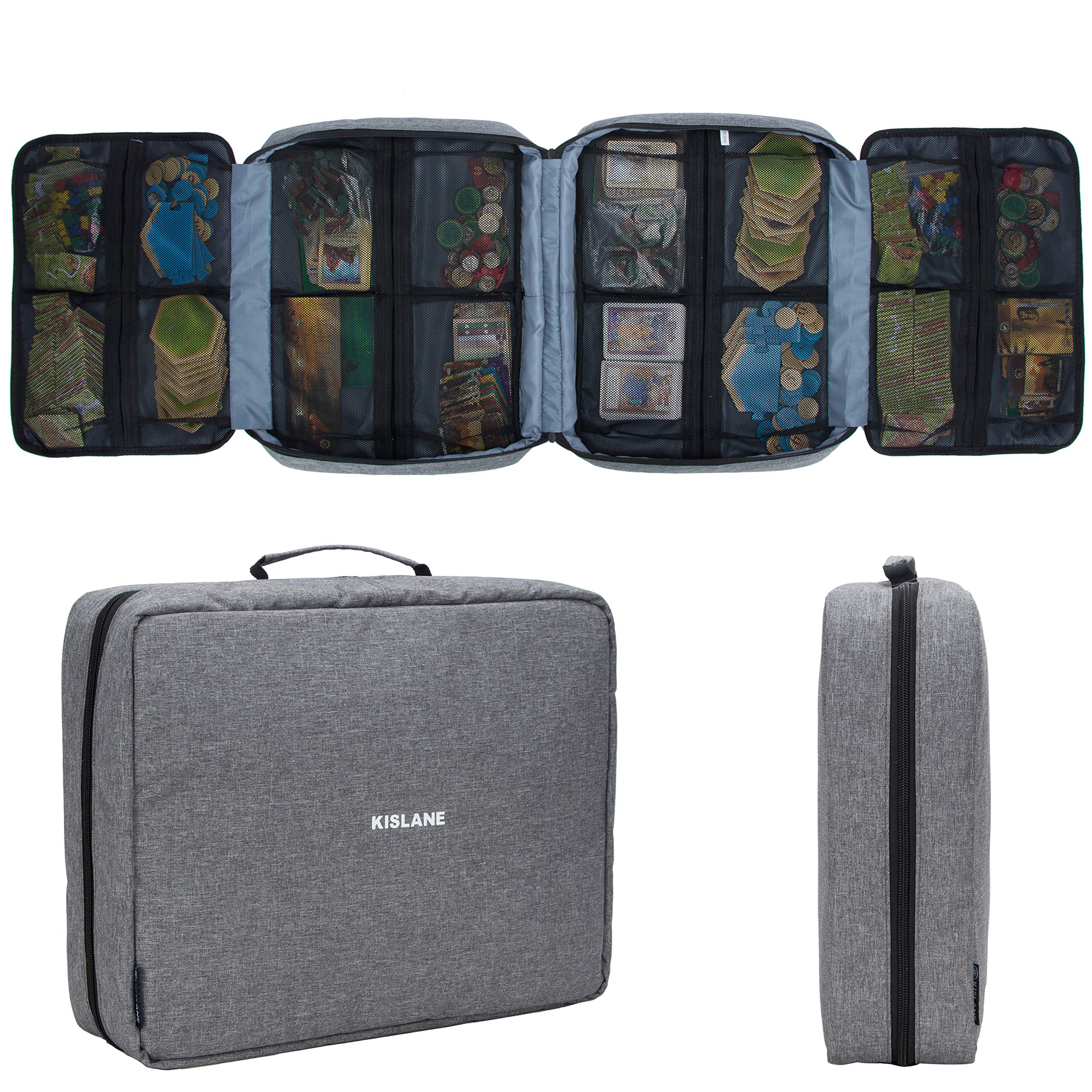 KISLANE Board Game Carrying Case with 18 Pockets for Board Games, Pieces, Tokens, Cards and More, Expandable Board Game Storage Solution for Travel, Party, Gathering (Grey)