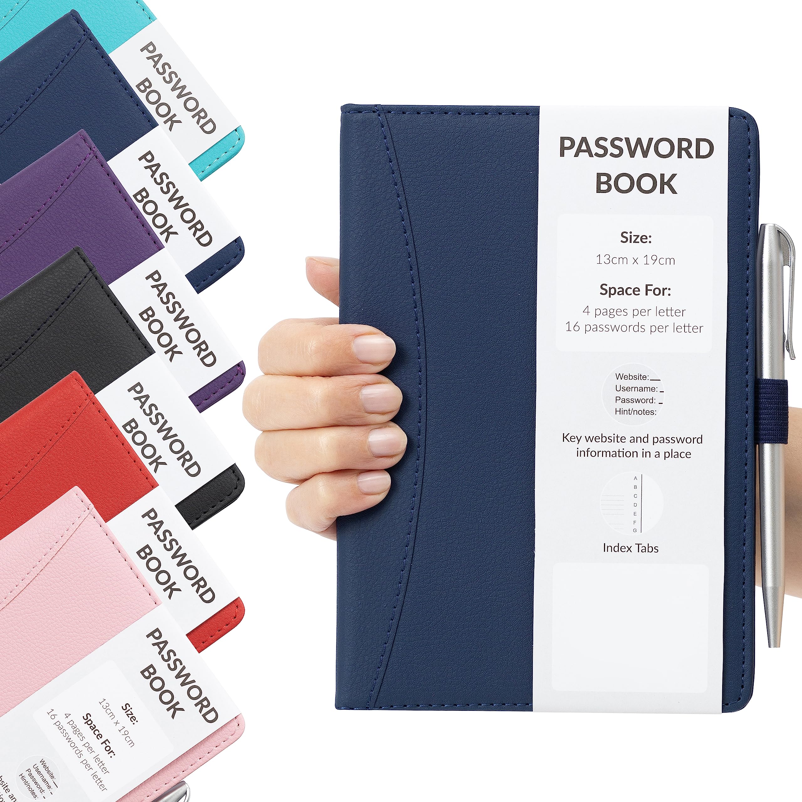 Password Book Alphabetical with Tabs - Secure Login Organiser for Websites, Username & Notes - Hardback A-Z Index Password Keeper with Pen (Navy)