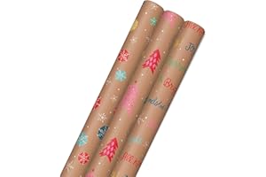 Hallmark Christmas Wrapping Paper Rolls, Brown Kraft Holiday Gift Wrap (Pack of 3: 90 sq. ft. TTL) Snowflakes, Pink Trees, "A