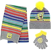 SpongeBob SquarePants Winter Hat, Scarf, and Snow Gloves for Kids, 3 Pc. Set, Warm and Cute Pom-Pom Beanie Boys Girl Toddler
