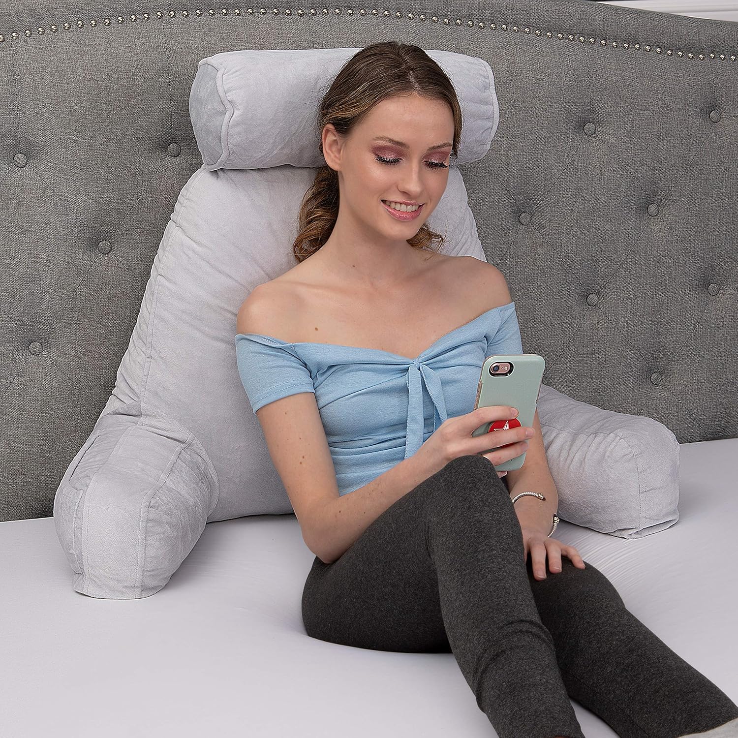 Husband Pillow - Light Grey, Big Backrest Reading Bed Rest Pillow with Arms, Plush Memory Foam Fill, Remove Neck Roll Off Bungee, Change Covers, Zipper On Shell of Bed Chair for Adjustable Loft: Home & Kitchen