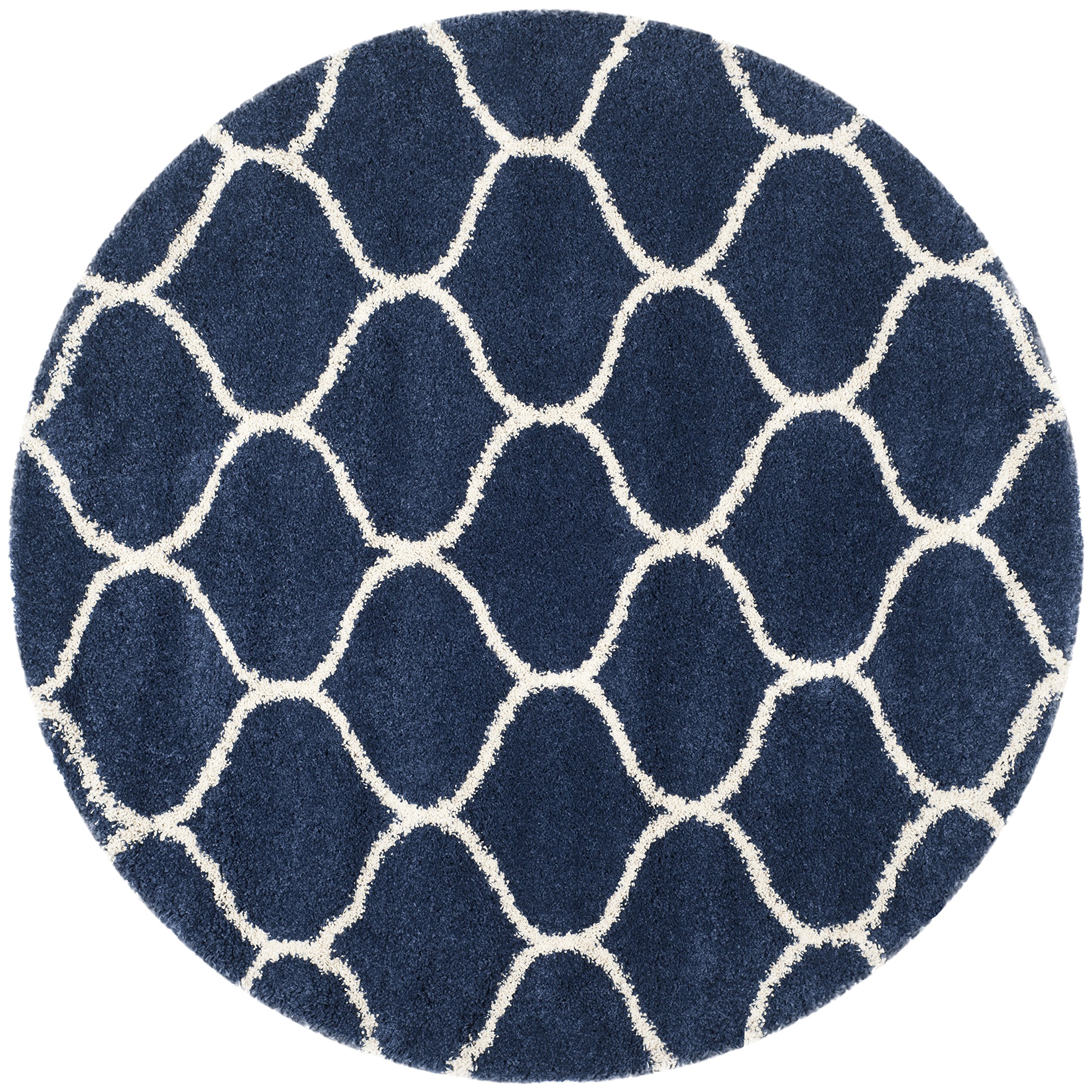 SAFAVIEH Hudson Shag Collection 11' Round Navy/Ivory SGH280C Moroccan Ogee Trellis Non-Shedding Living Room Bedroom Dining Room Entryway Plush 2-inch Thick Area Rug Image