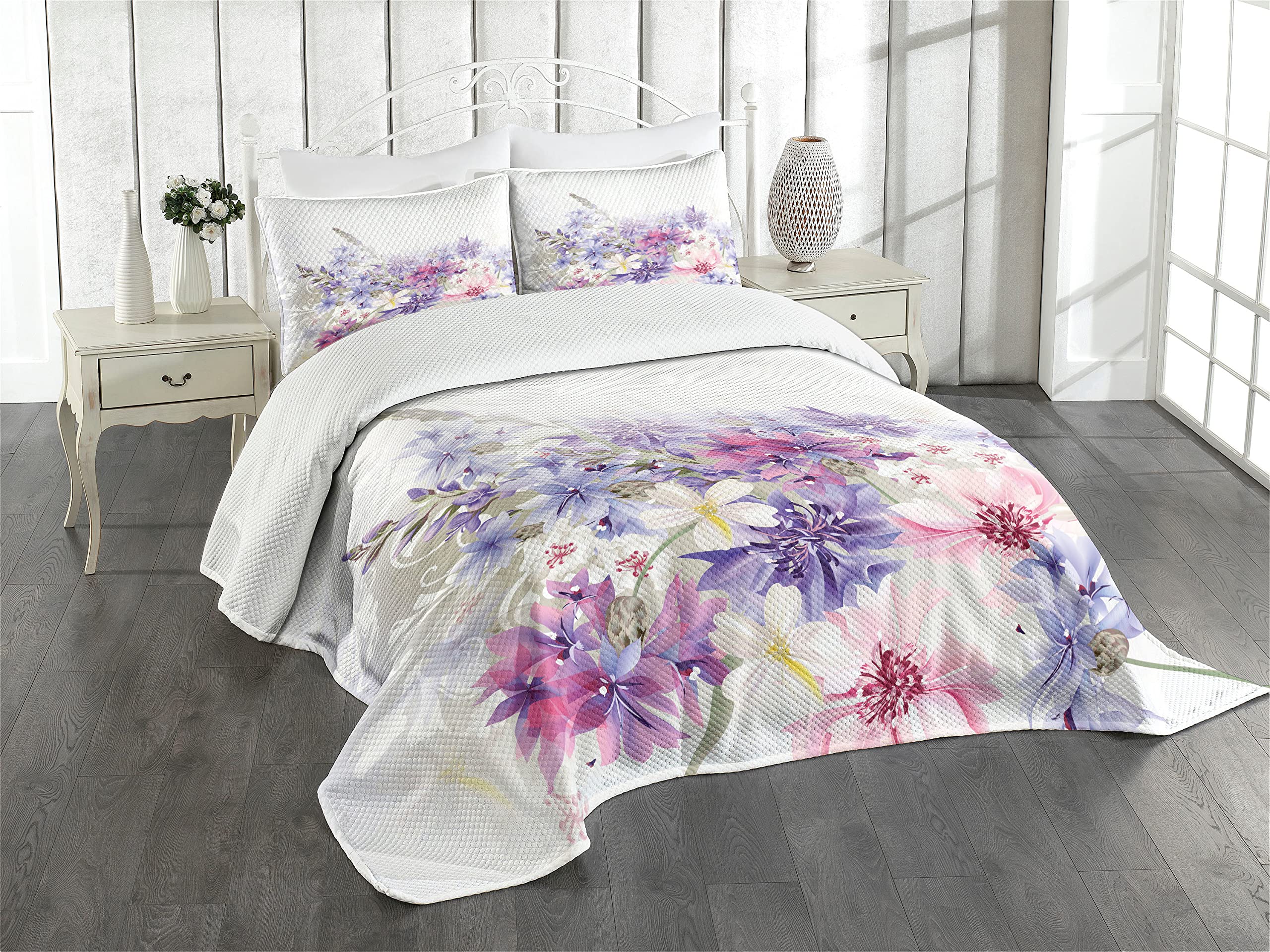 ABAKUHAUS Lavender Bedspread Set, Pink Purple Flowers, Decorative Quilted 2 Piece Coverlet Set with Pillow Sham, Pink White