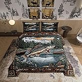 Castle Fairy Fishing and Hunting Comforter Set King Size,Pike Fish Bass Big Fish Down Alternative Adults Bedroom Decor,Lake House Ultra Soft Microfiber Inner Fill 3 Pcs Bedding
