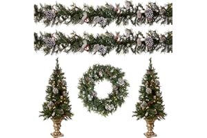 National Tree Company Pre-lit Holiday Christmas 5-Piece Set | Wreath, Set of 2 Entrance Trees and Garlands with White Lights