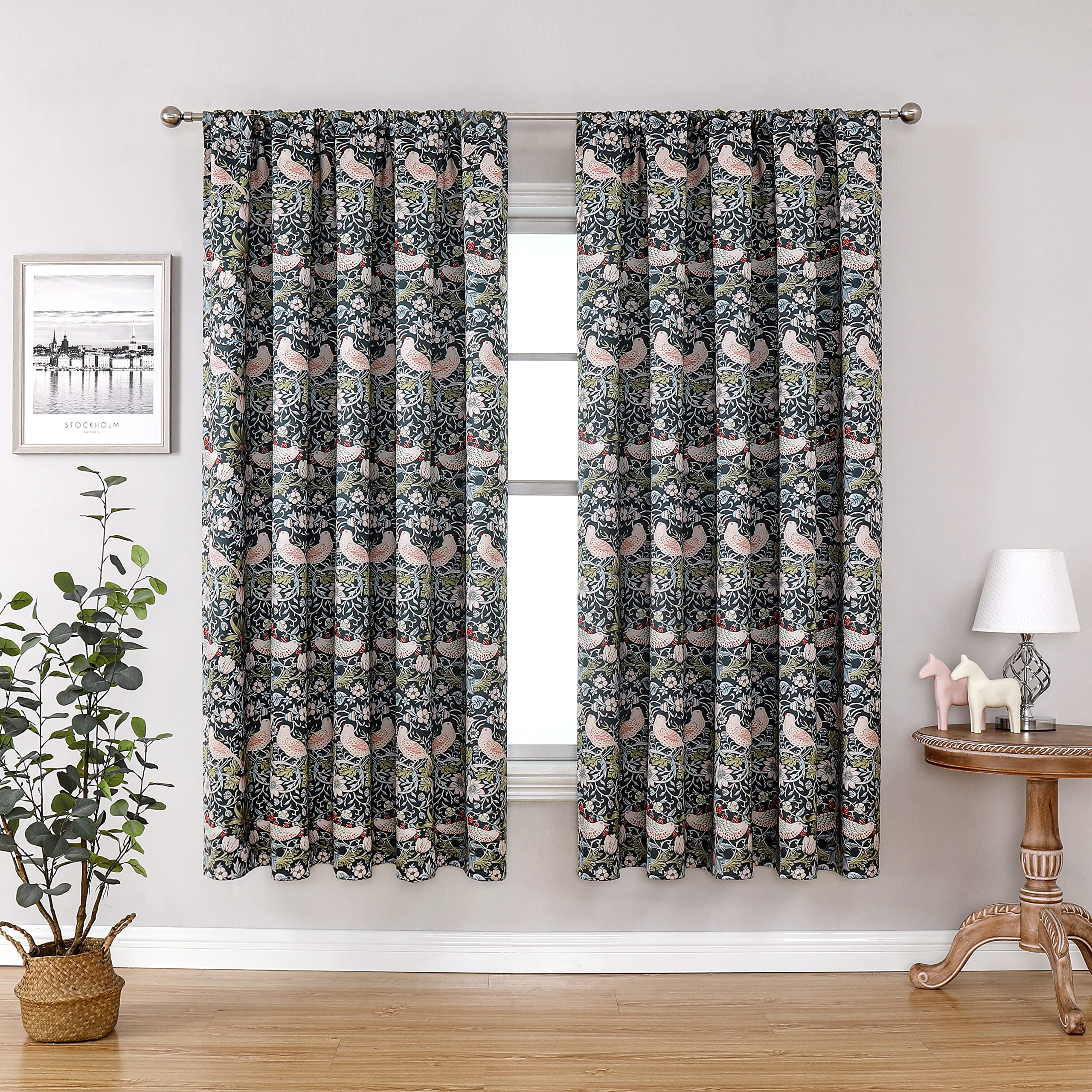 Obal William Morris Blackout Curtains Soundproof Window treatments Curtains Thermal Room Darkening Curtains for Bedroom Living Room, 46" x 72" Drop, Green Strawberry Thief (2 panels)