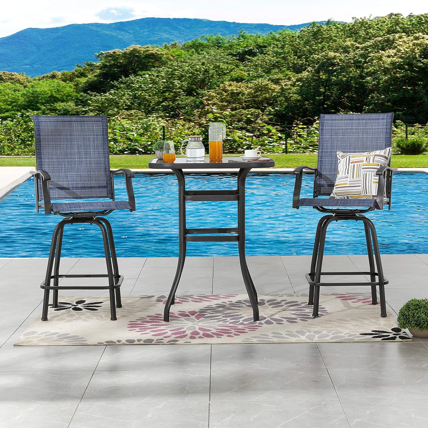 LOKATSE HOME 3 Pcs Bar Stools Set 2 High Swivel Chairs and 1 Height Outdoor Bistro Table, Patio Furniture, Blue Tesling Fabric : Garden & Outdoor