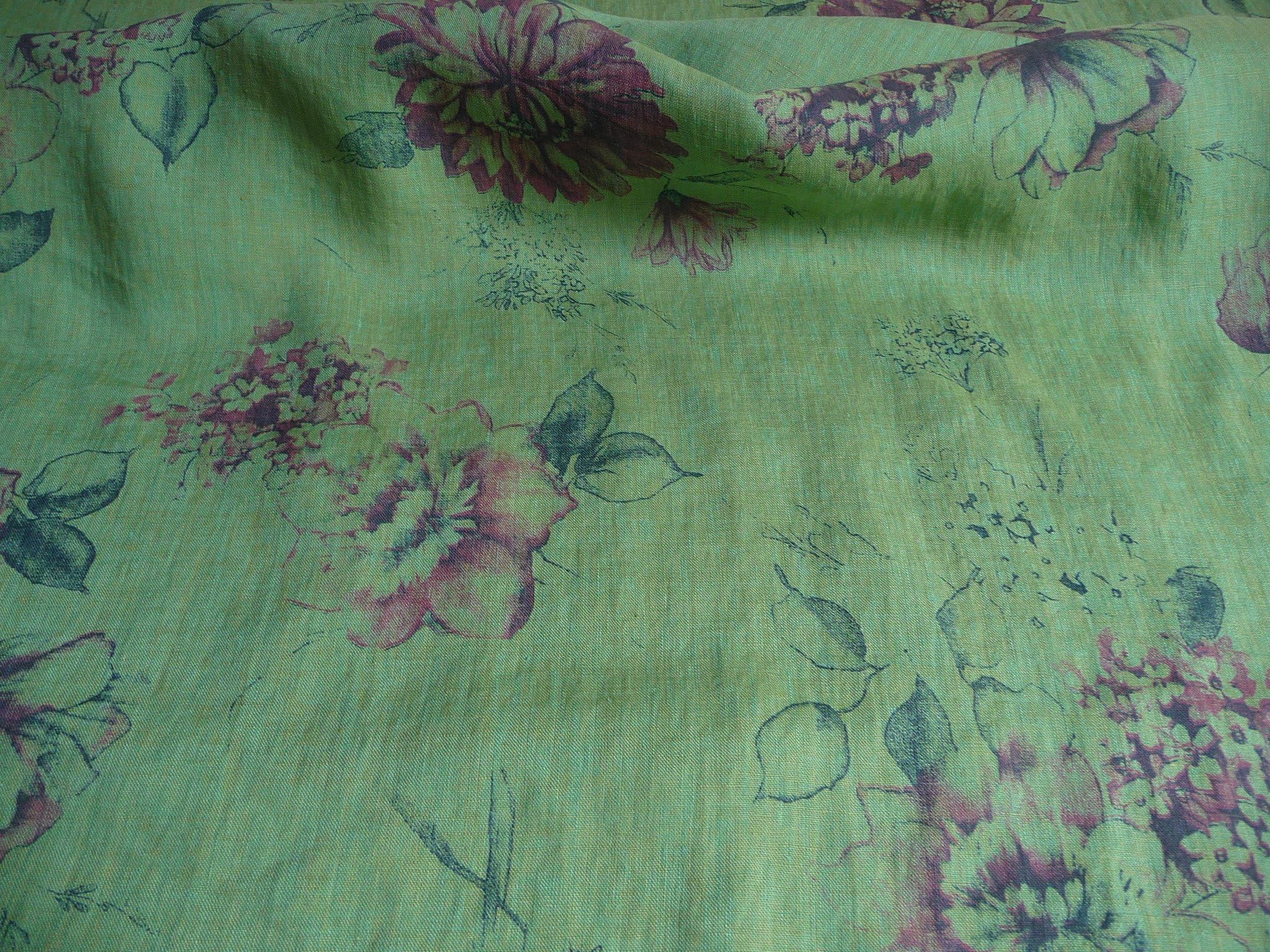 Phantas Iali Linen Green Floral, Bordeaux, Teal Fabric, Fabric – per metre