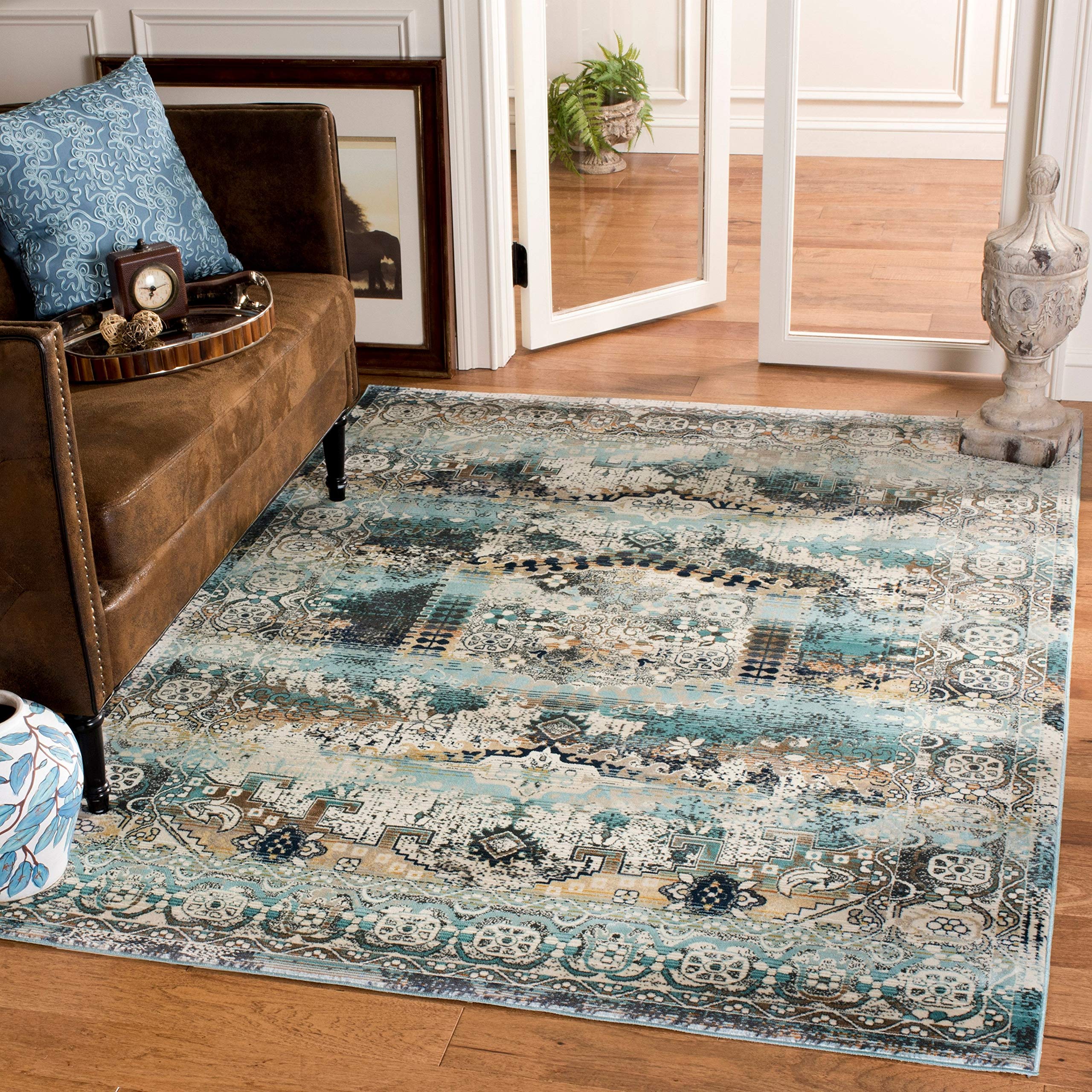 Photo 1 of ***No size*******The color may vary****

SAFAVIEH Baldwin Collection Area Rug - , Ivory & Teal, Vintage Boho Chic Distressed Design, Non-Shedding & Easy Care, Ideal for High Traffic Areas in Living Room, Bedroom (BDN128C)