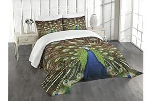 Ambesonne Peacock Bedspread Set, Portrait of Animal Feathers Out Vibrant Colors Birds Summer Garden, 3 Piece Decorative Bedding Coverlet and 2 Pillow Shams, Queen Size, Navy Blue Green Brown