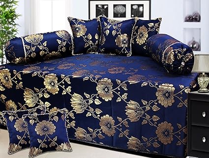 Milan Francesco Slive Polycotton and Silk 8 Piece Diwan Set, 650 TC, Dark Blue and Gold