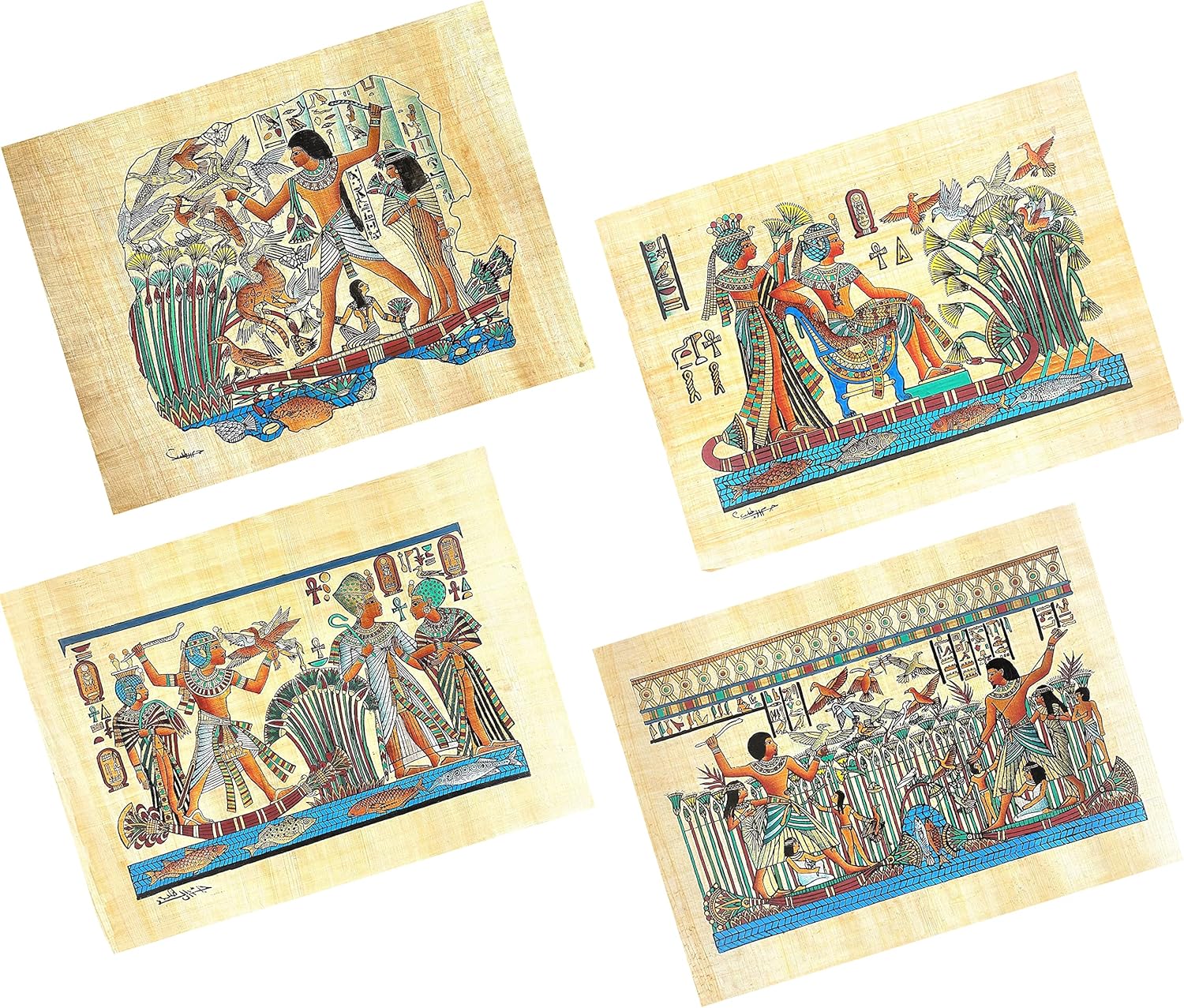 Paintings - NileCart Collection of 4 sheets Egyptian papyrus paintings Original Hand Painted Papyrus Paper Ancient Egyptian size 13x17 in. handmade in Egypt. (life scenes 1 Collection)