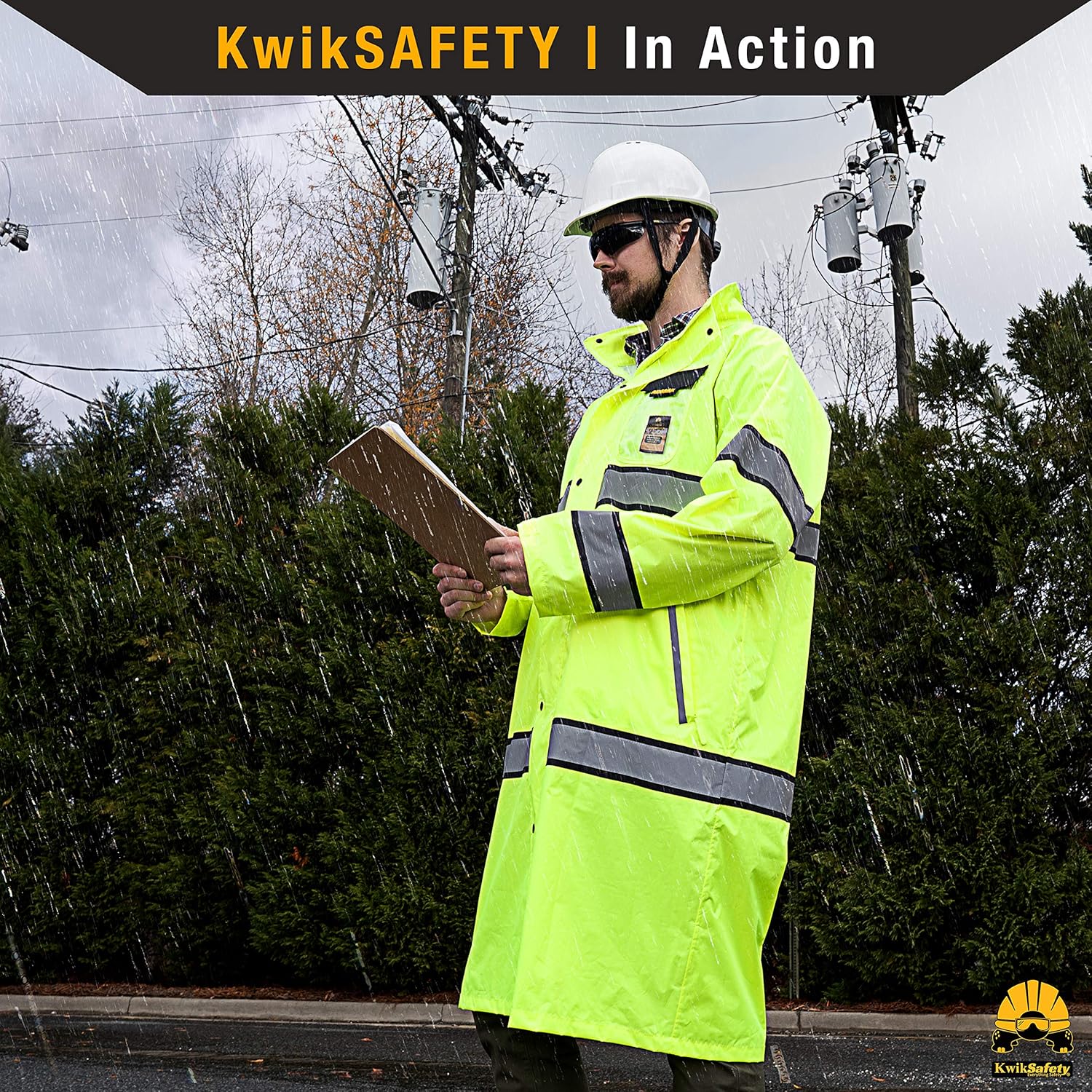 KwikSafety (Charlotte, NC) TORRENT Class 3 Safety Trench Coat | High Visibility Waterproof Windproof Safety Rain Jacket | Hi Vis Reflective ANSI Work Wear | Rain Gear Hideaway Hood Carry Bag | Small - - 