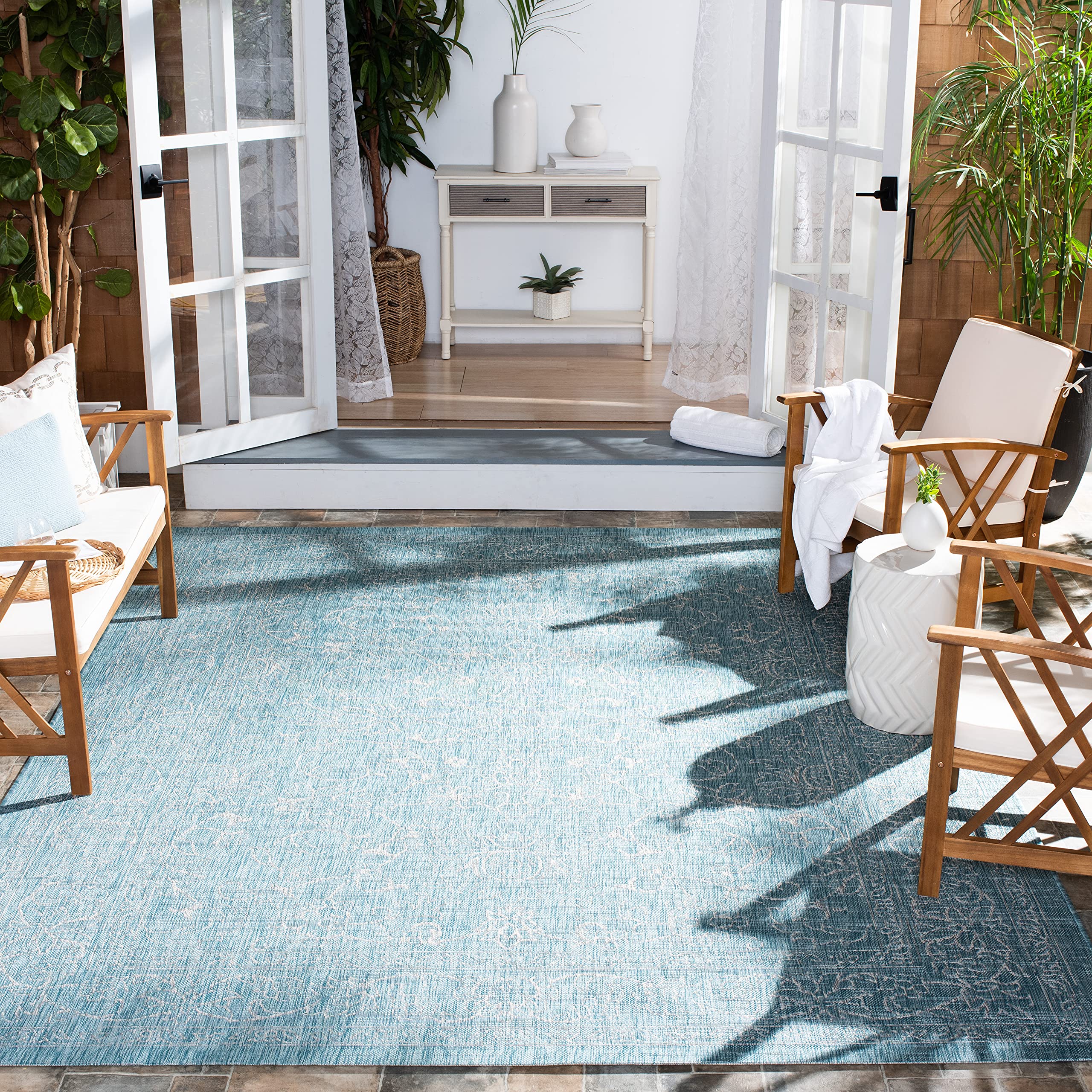 SAFAVIEH Washable Rug Outdoor Courtyard Collection - 5'3" Square, Aqua Blue & Grey, Non-Shedding & Easy Cleaning, Ideal for Patio, Backyard, Mudroom (CY8680-37121) Image