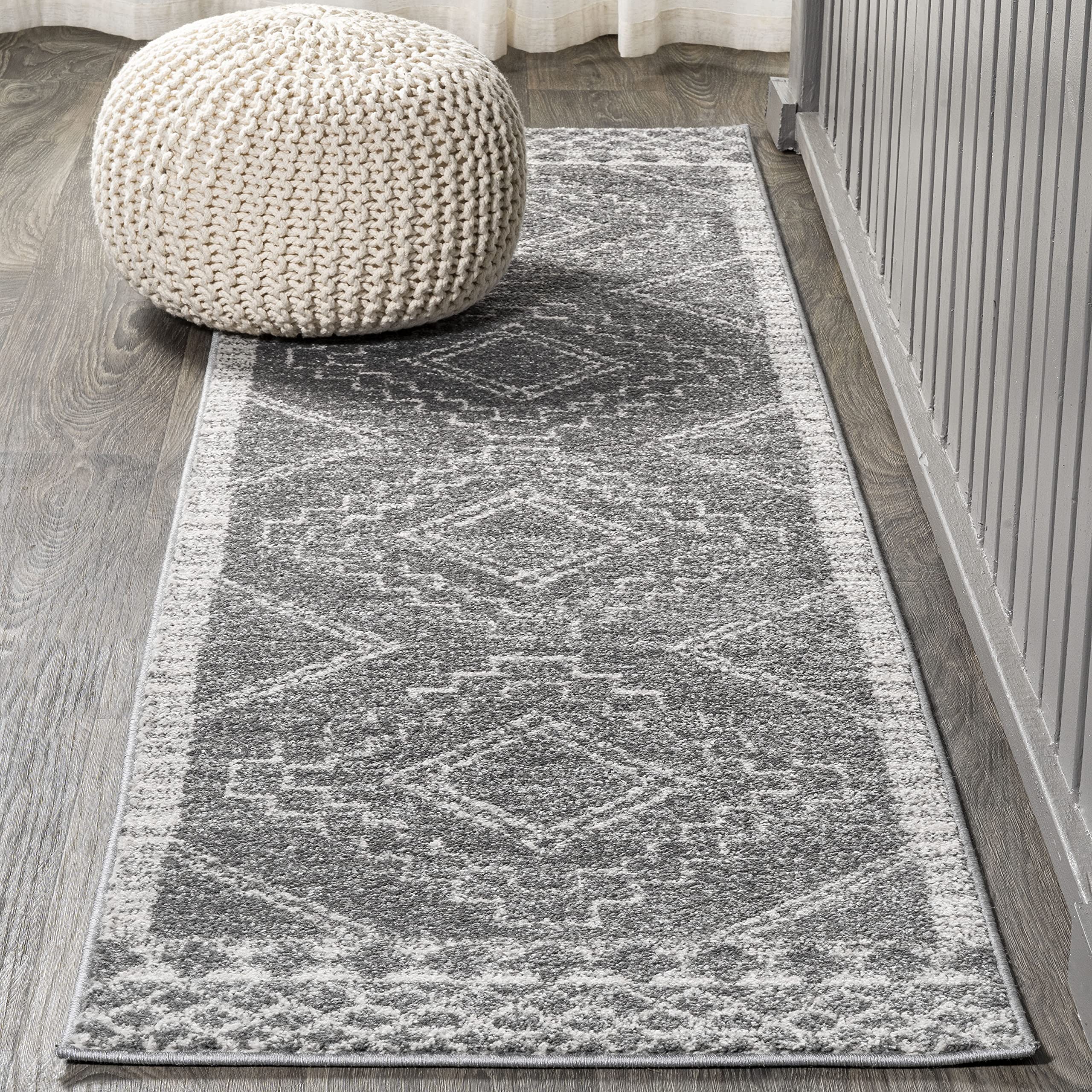 JONATHAN Y Amir Moroccan Beni Souk Gray/Cream Runner Rug, 2x14, Bohemian, Scandinavian, Easy-Cleaning for Living Room, Bedroom, Kitchen, Pet Friendly, Non-Shedding (MOH200C-214) Image