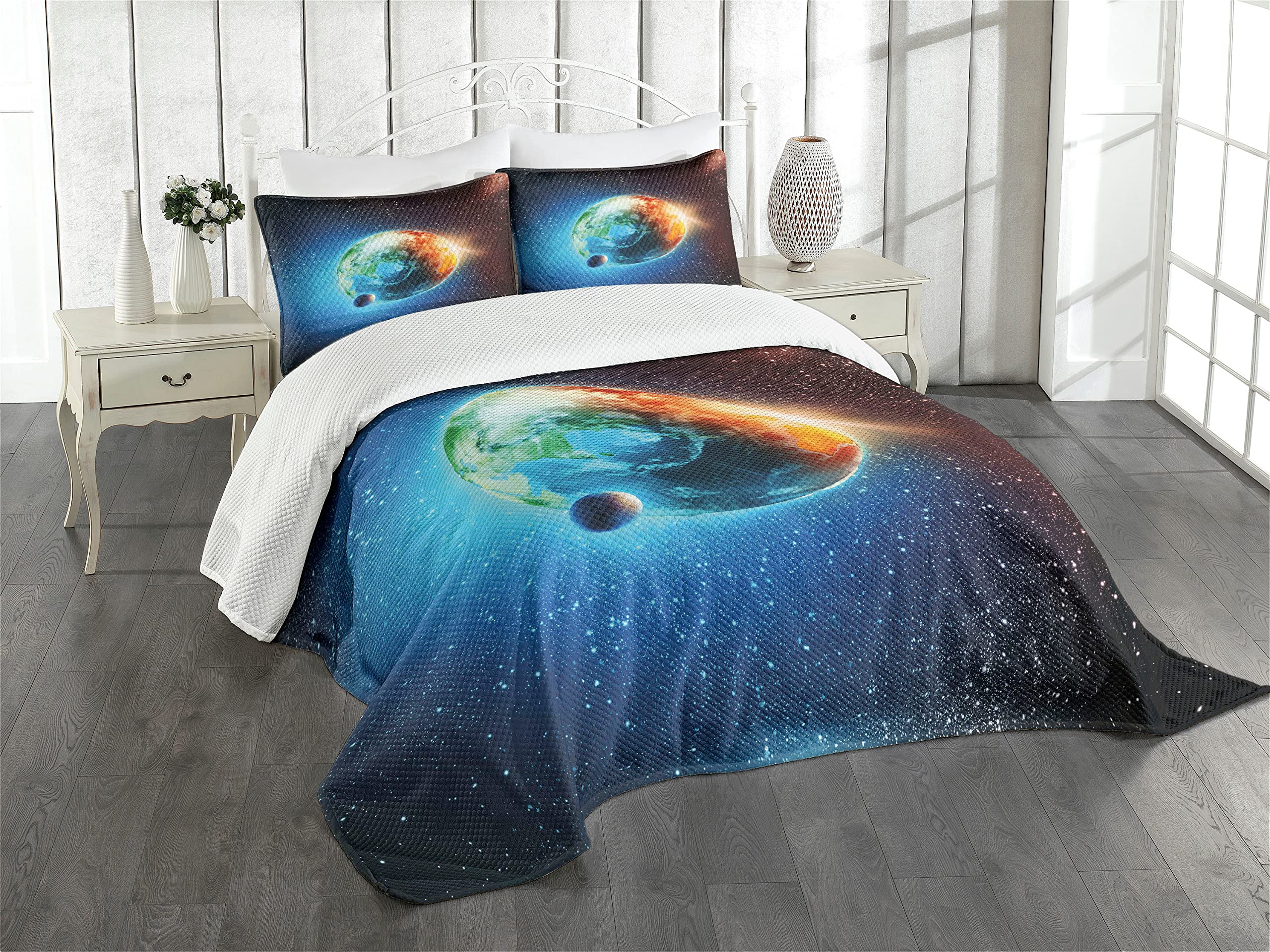 ABAKUHAUS Earth Bedspread Set, Galaxy Space Stars Astral, Decorative Quilted 2 Piece Coverlet Set with Pillow Sham, Orange Blue