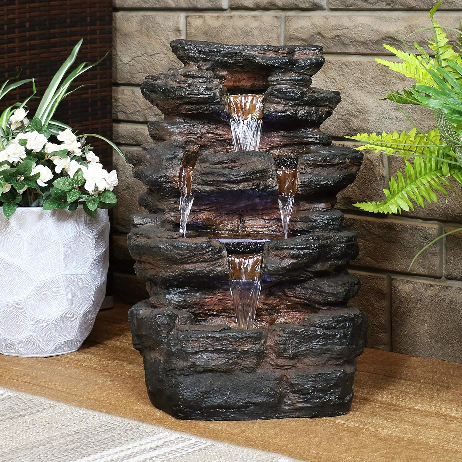 Sunnydaze Tumbling Falls Rock Style Outdoor Water Fountain with LED Lights - Corded Electric - Garden, Patio and Lawn Decor - Outdoor Waterfall Feature - 21-Inch: Kitchen & Dining