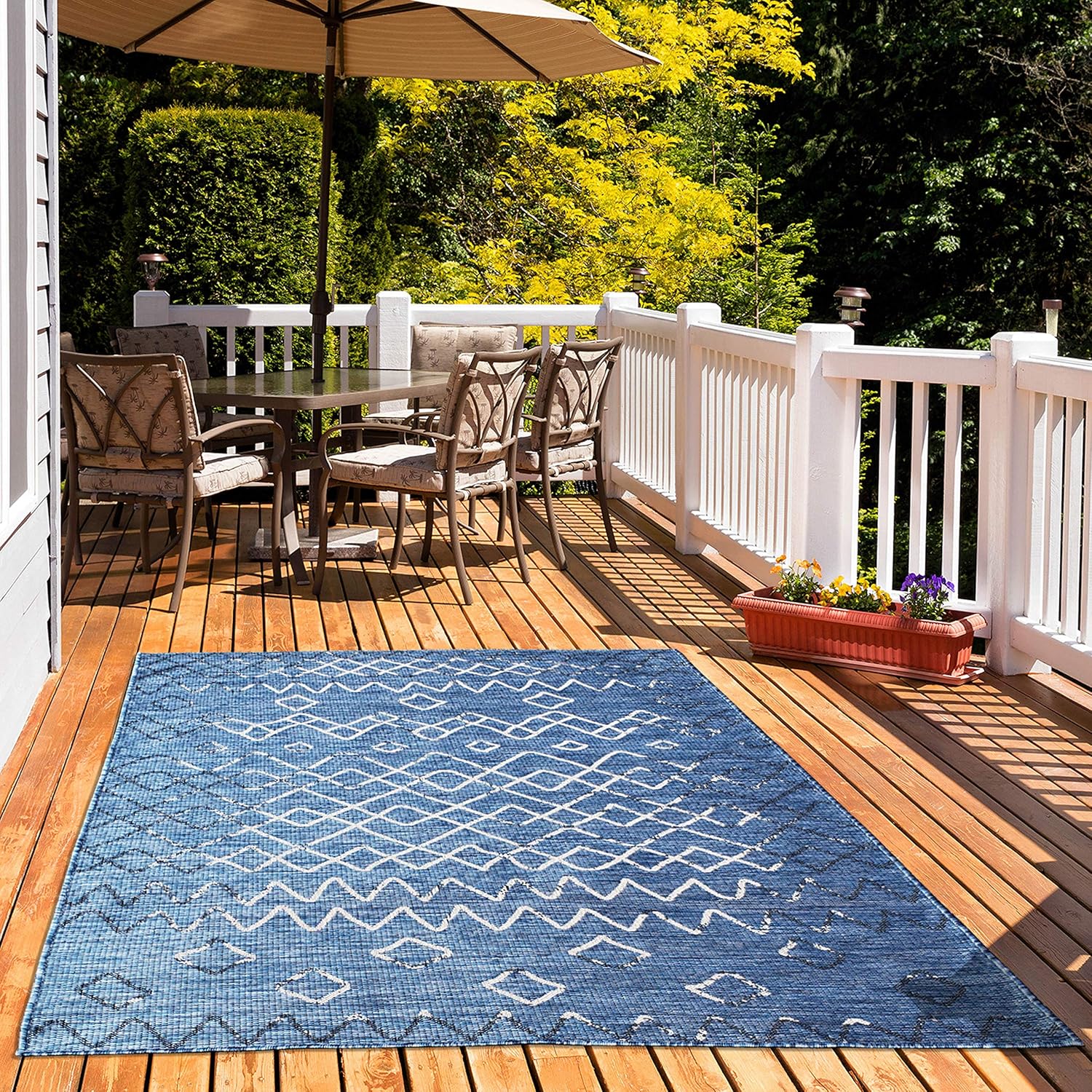 Maxy Home Outdoor Rug Rug - 5X8 (5'3" x 7'3") Sunlight Fade All-Weather Resistant Durable, Perfect for Patio, Deck, Beach, Camping, Backyard, BBQ Area, Blue Tribal Distressed Moroccan