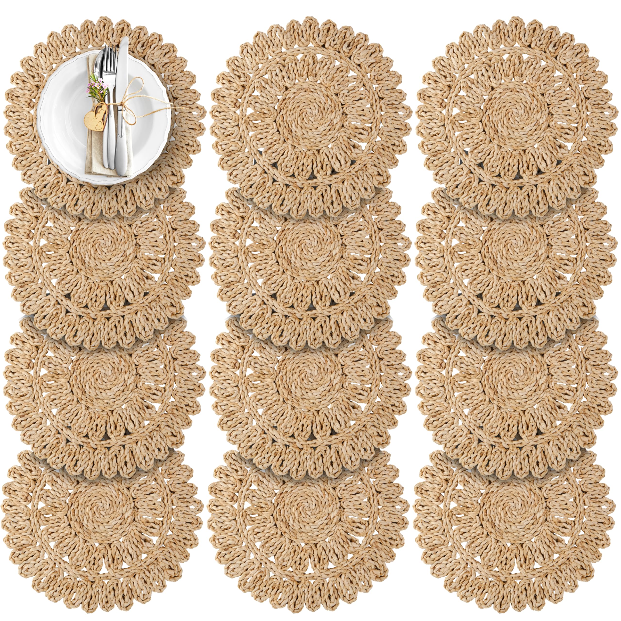 Photo 1 of 13.8" Corn Husk Woven Round Placemats Set of 12 - Wicker Boho Farmhouse Placemats - Rattan Table Mats Like Water Hyacinth for Dining Table, Wedding, Home, Christmas, Party