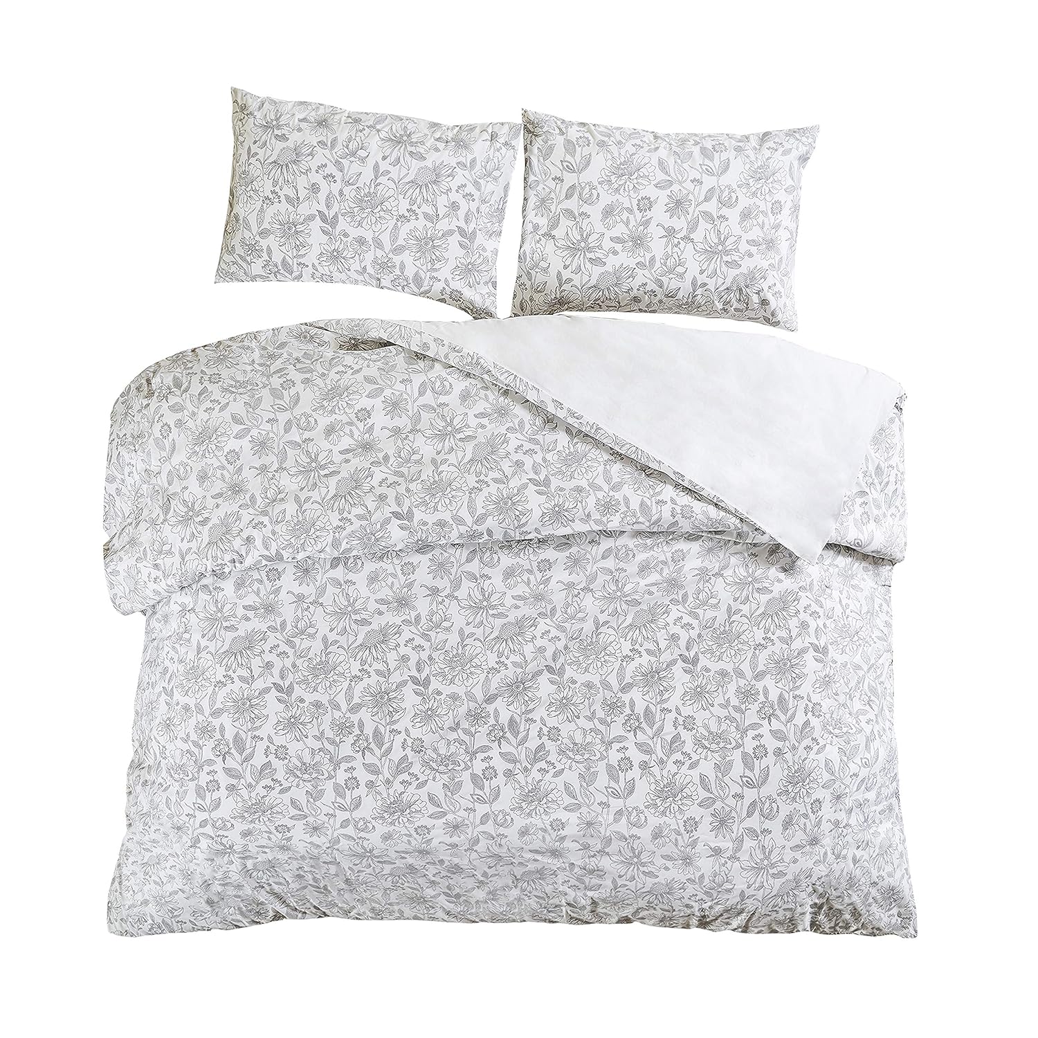SCM Bettwäsche 230x220cm Grau Blumen 3-teilig Bettbezug & Kissenbezüge