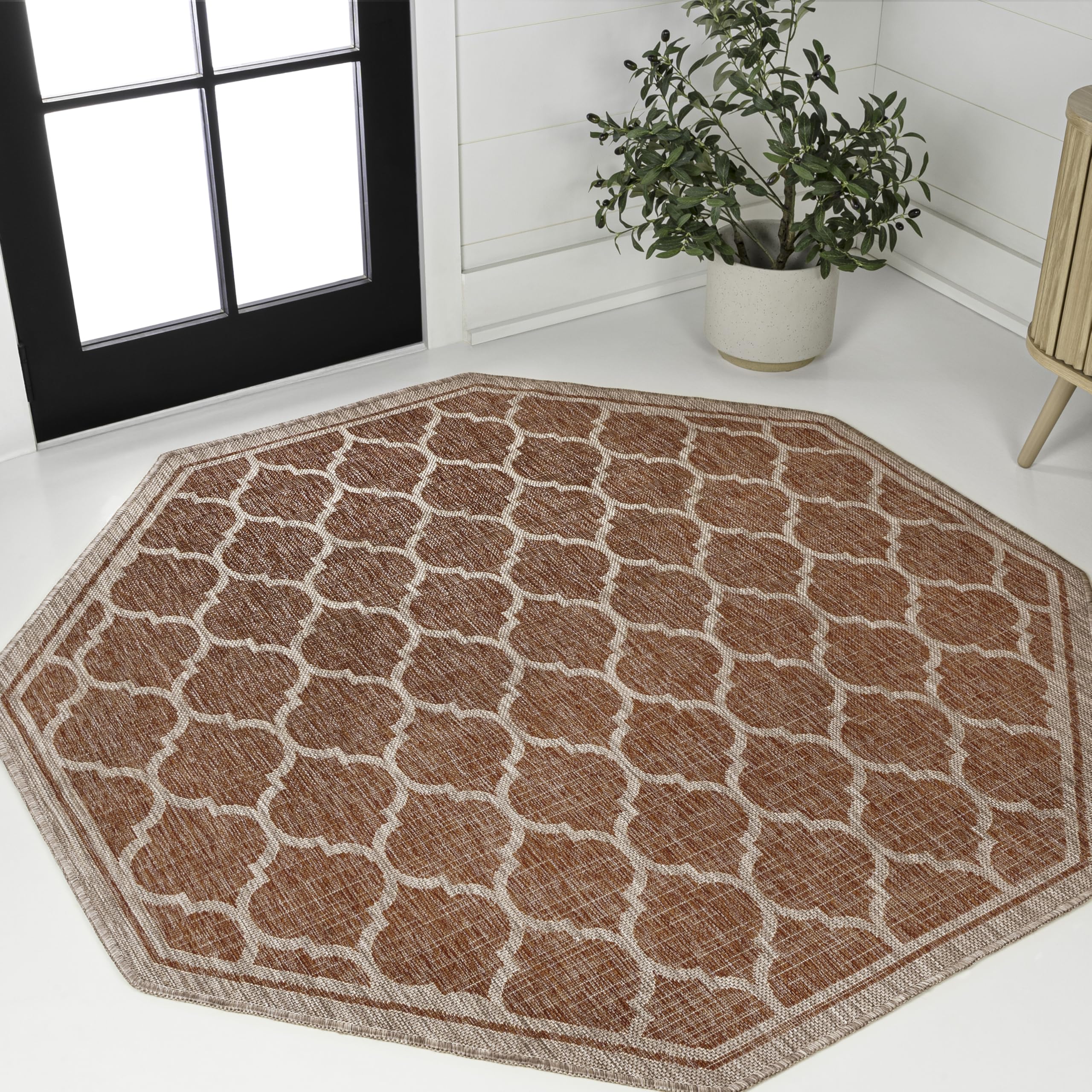 JONATHAN Y Moroccan Trellis Indoor Outdoor Octagon Area Rug 5 Ft Red/Beige, Trebol Textured Weave for Backyard, Patio, Porch, Easy-Cleaning, High Traffic, Pet-Friendly, Non-Shedding (SMB109C-5TGN) Image