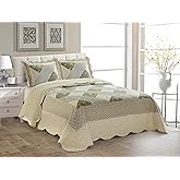 Fancy Linen Over Sized Quilted Coverlet Bedspread Set New (Full/Queen, Beige Green Floral Geometric)