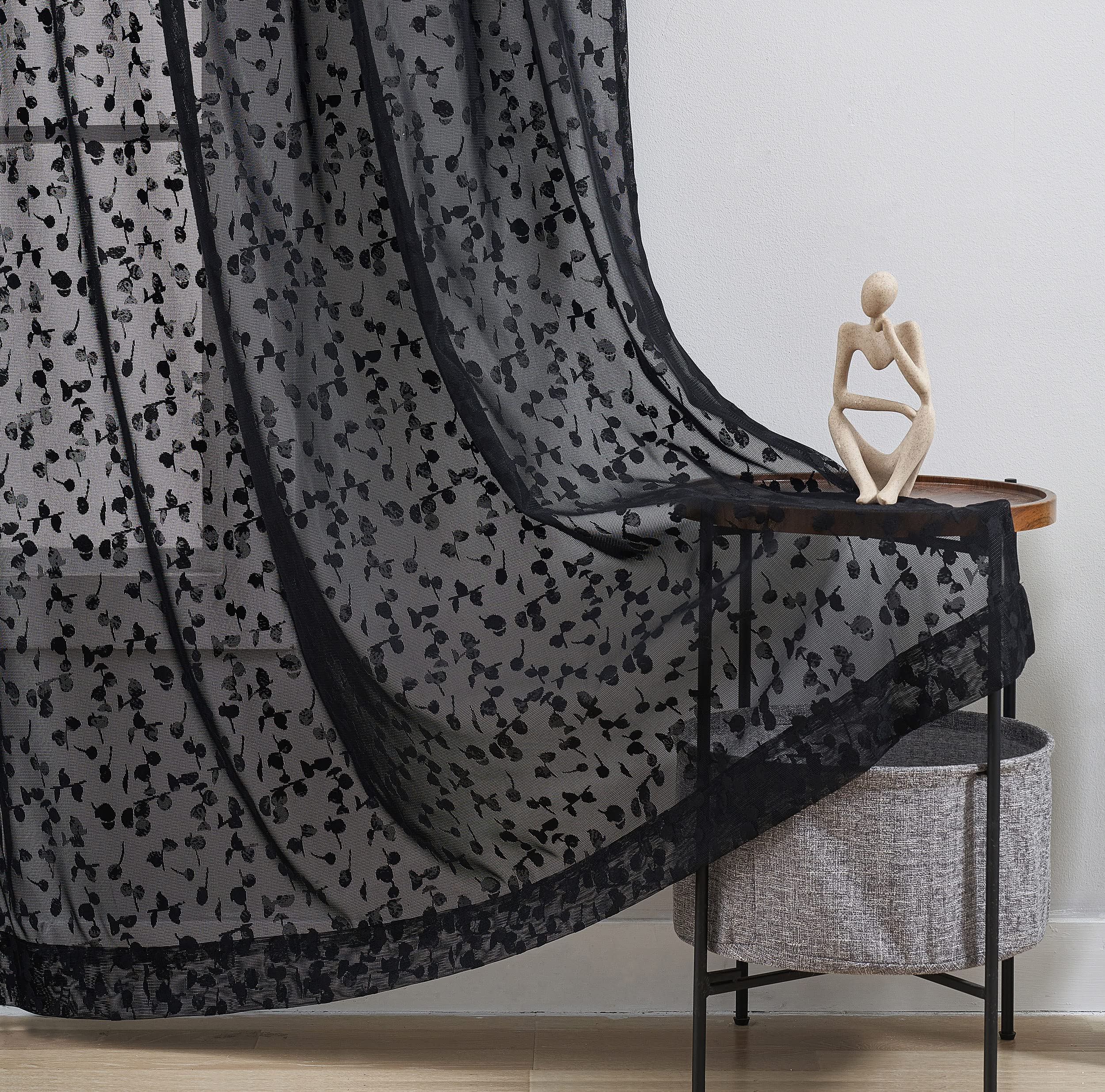 Black Lace Sheer Curtain for Living Room Bedroom Leaf Buds Pattern 54 Inch Length Drapes Light Filtering Embroidery Elegant Window Treatment Sets for Basement Laundry Room, Rod Pocket, 2 Panels