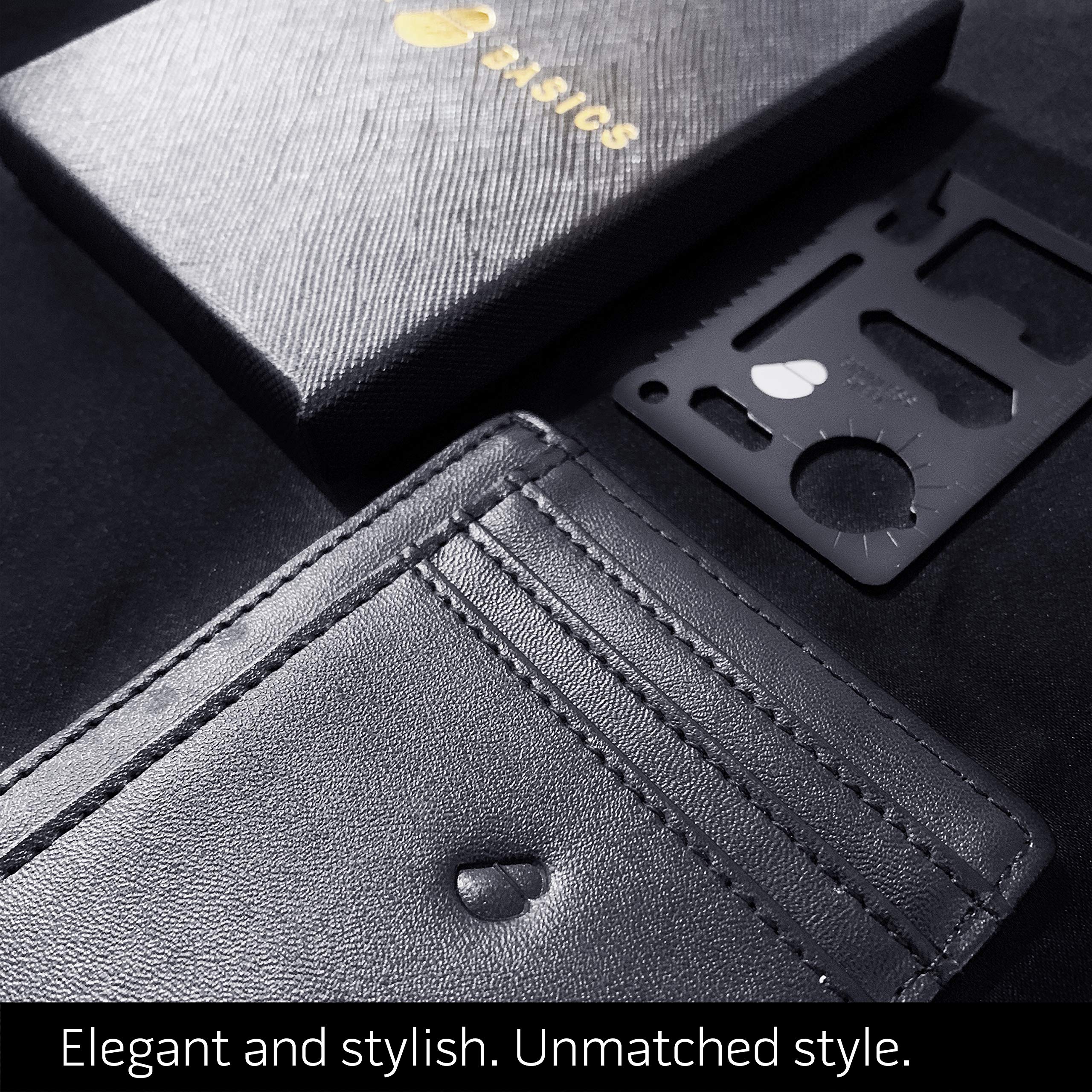 PeerBasics Minimalist Slim RFID-Blocking Men\'s/Women\'s Wallet PLUS 11-in-1 Stainless Steel Credit Card Pocket Sized Survival Multi Tool (Space Black)