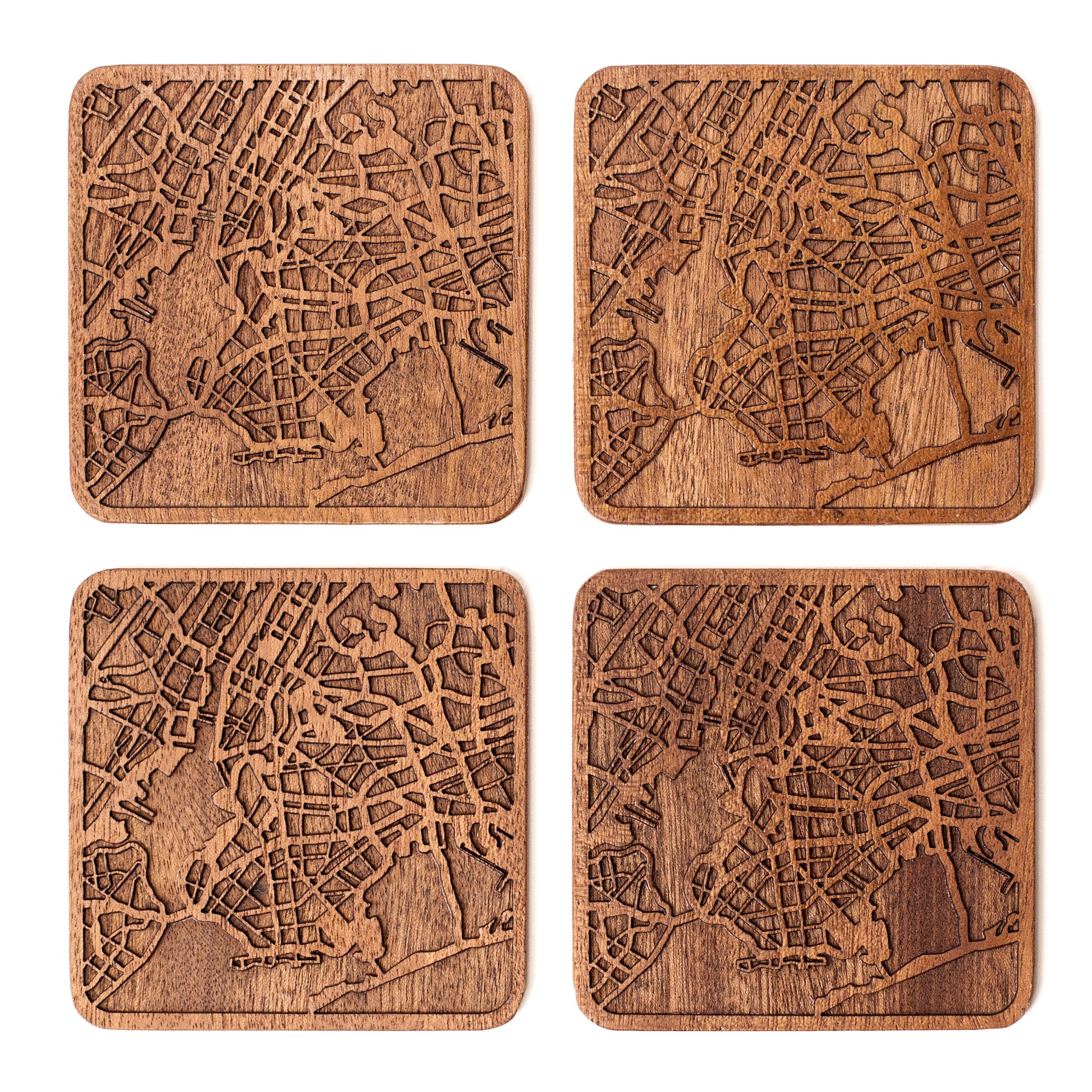 New York Map Coaster, Set of 4, Sapele Wooden Coaster with City Map, Handmade