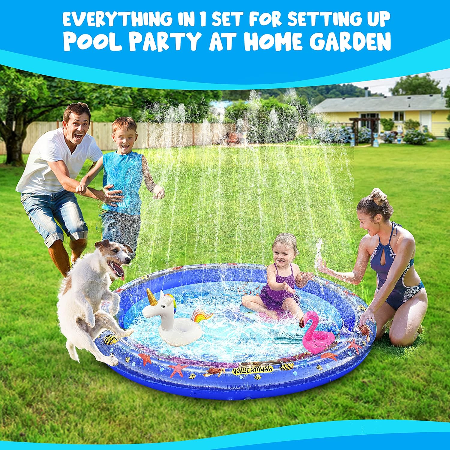 RFAQK Air Inflatable Splash Pad and Pool for Toddlers and Dogs-4 in 1 Sprinkler for Kids and Pets with Toys-Durable Wading Kiddie Pool-Outdoor Water Toys for Ages 1-12 Years Old: Toys & Games