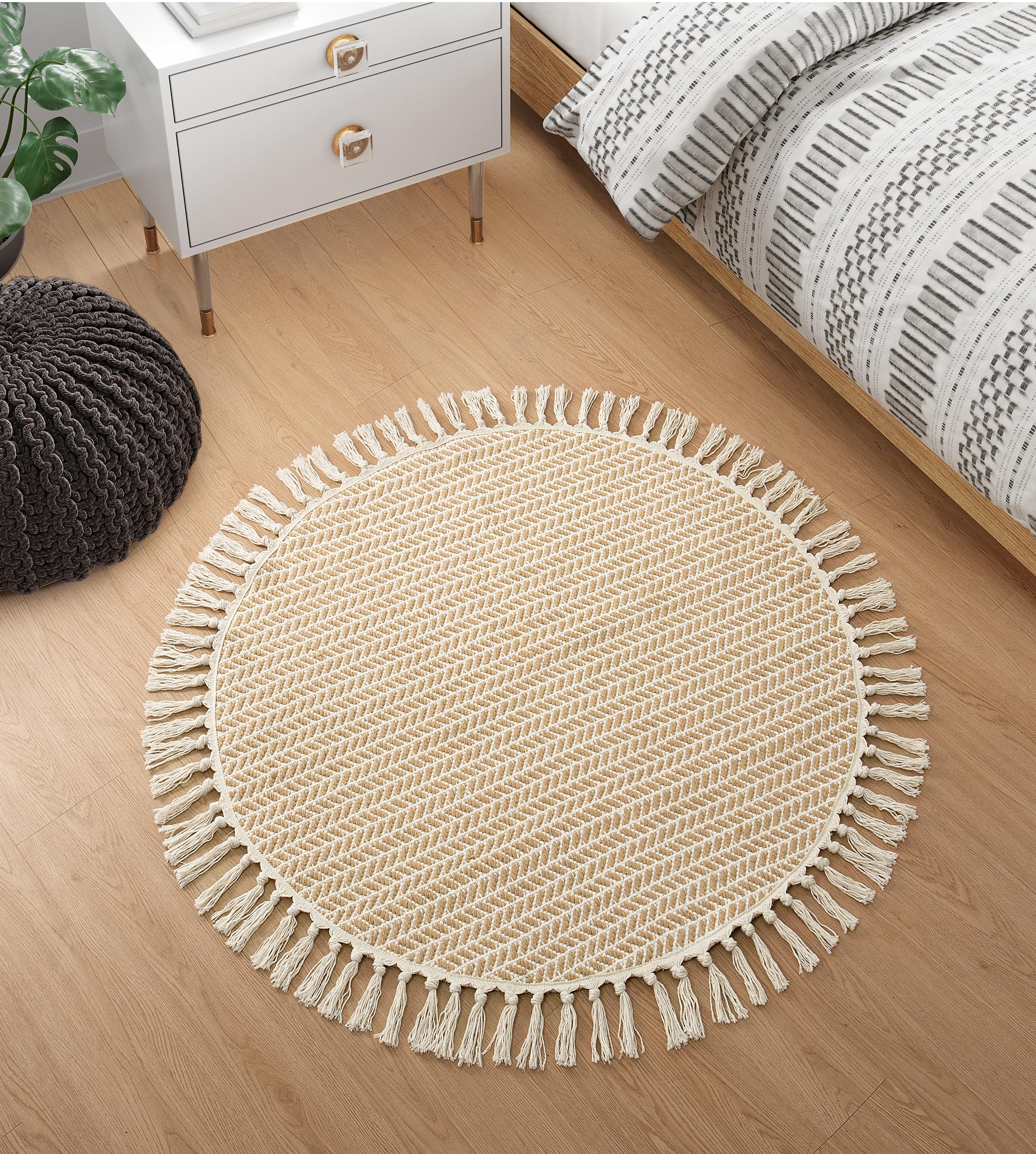 Photo 1 of Lahome Boho Round Rug 3ft, Small Circle Rugs for Entryway Kitchen Cotton Washable Indoor Door Bath Mat with Tassels, Farmhouse Round Area Rug Non Shedding Circle Carpet for Bedroom Entry, Khaki