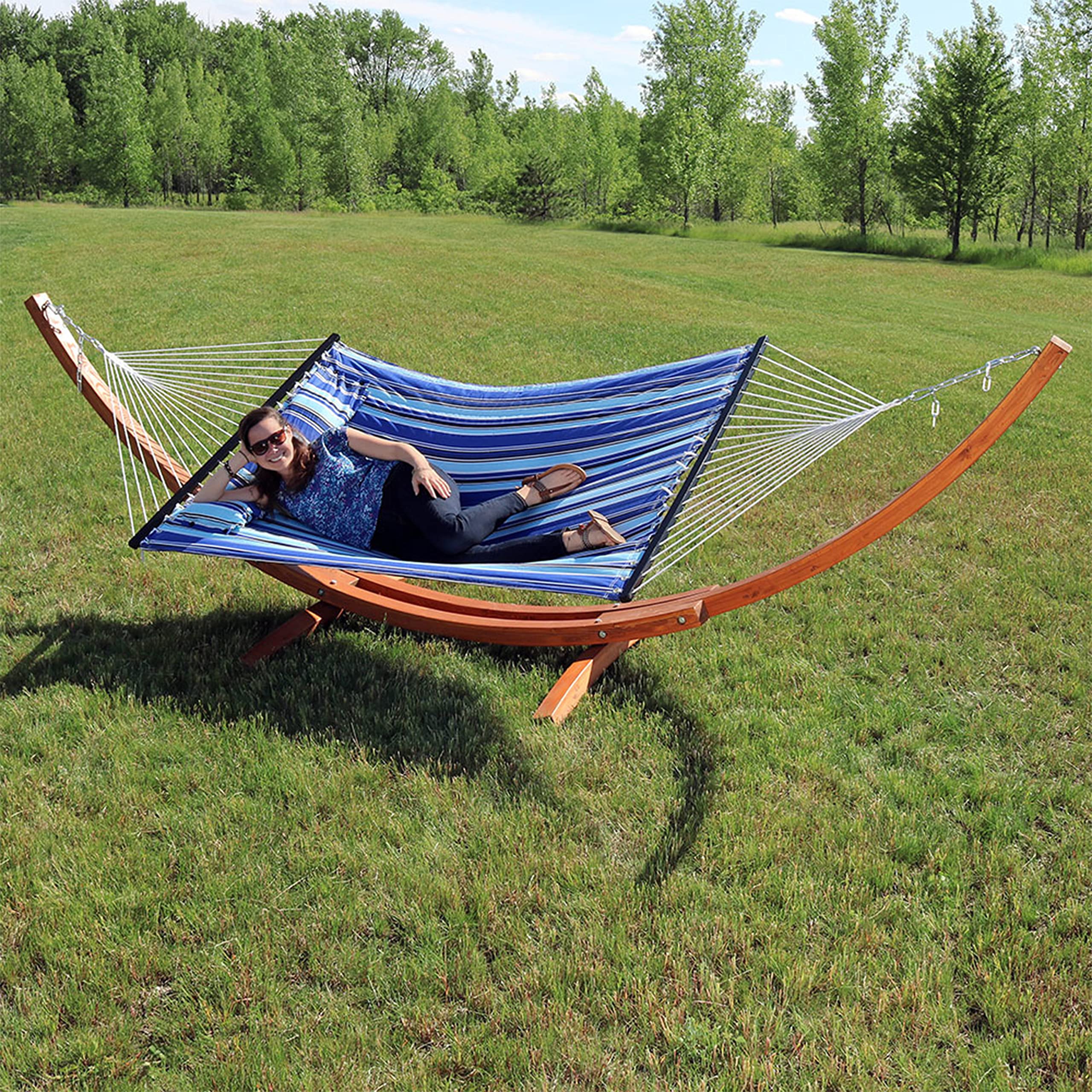 Sunnydaze Quilted Double Fabric Hammock with 13Foot Curved Arc Wood