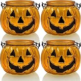 Halloween Candle Holders Set of 4, SHMILMH Tealight Votive Candle Holders with Grimace, Metal Hanging Pumpkin Jack O Lanterns Decorative Halloween Table Centerpiece Orange