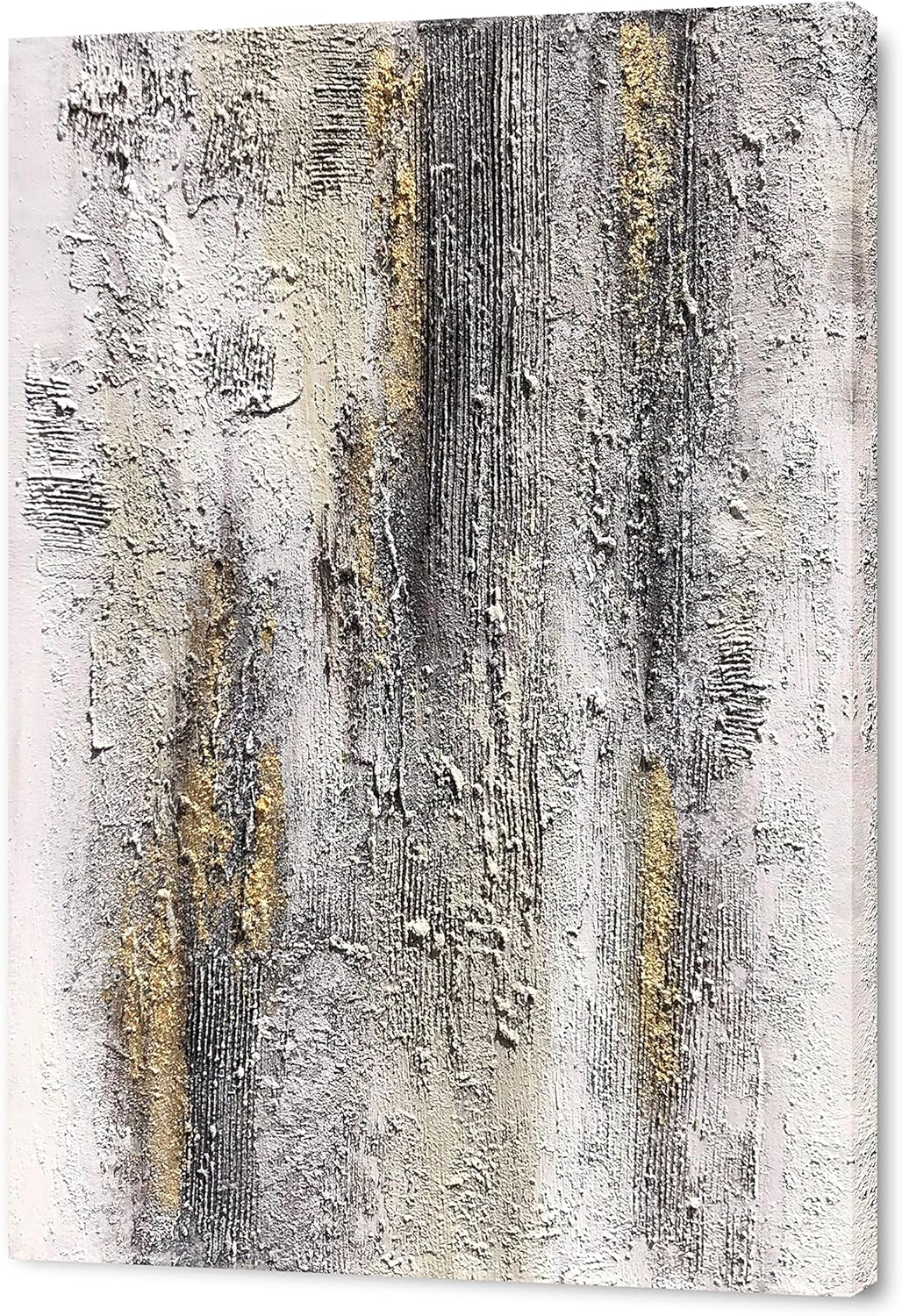 Paintings - Yihui Arts Abstract Canvas Wall Art Pictures Thick Texture Grey with Gold Foil Paintings Hand Painted by Professional Artist For Dinning Room Decoration