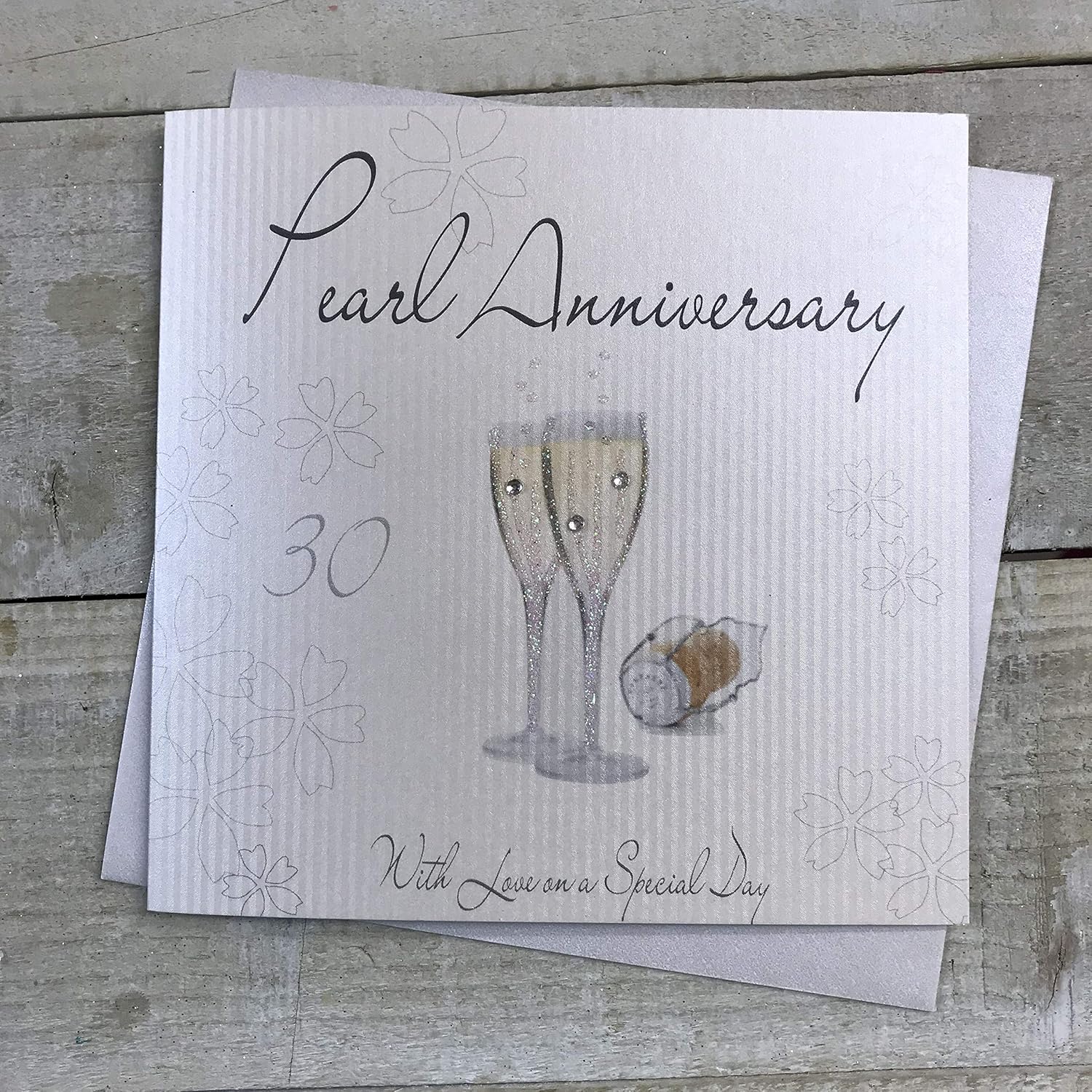 white cotton cards Champagne Glasses Pearl Handmade 30th Anniversary Card, White, WA30, 16cm x 16cm