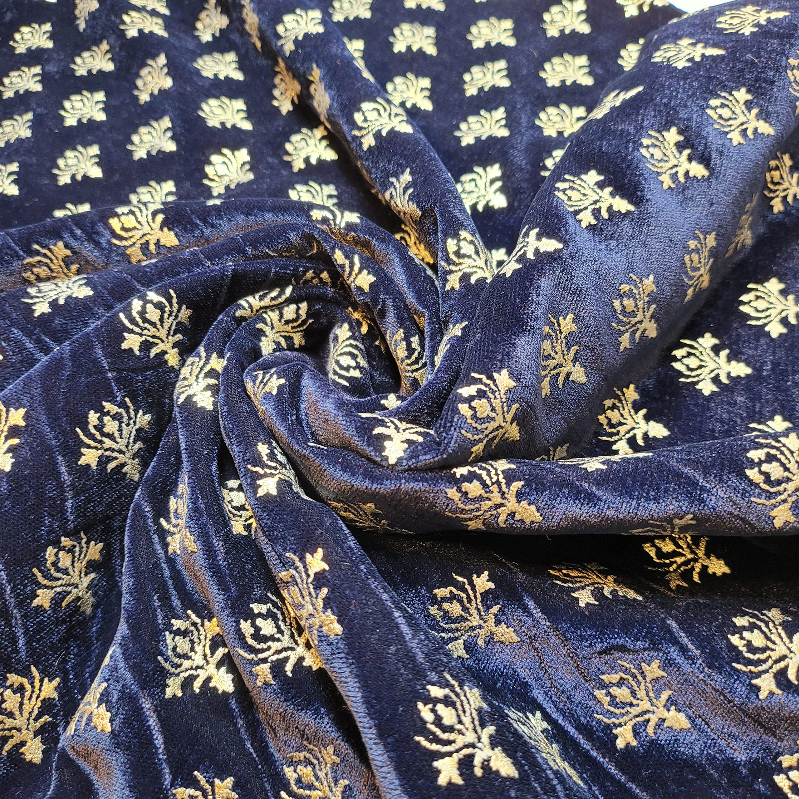 Luxurious Soft Three Crown Micro Velvet Dress Craft Fabric Material Suitable for Home Decor, Curtains, Upholstery & More 44" - 112 cm Wide Sold As 1 Meter Pre - Cut Lengths (Navy Rubber Foil Print)