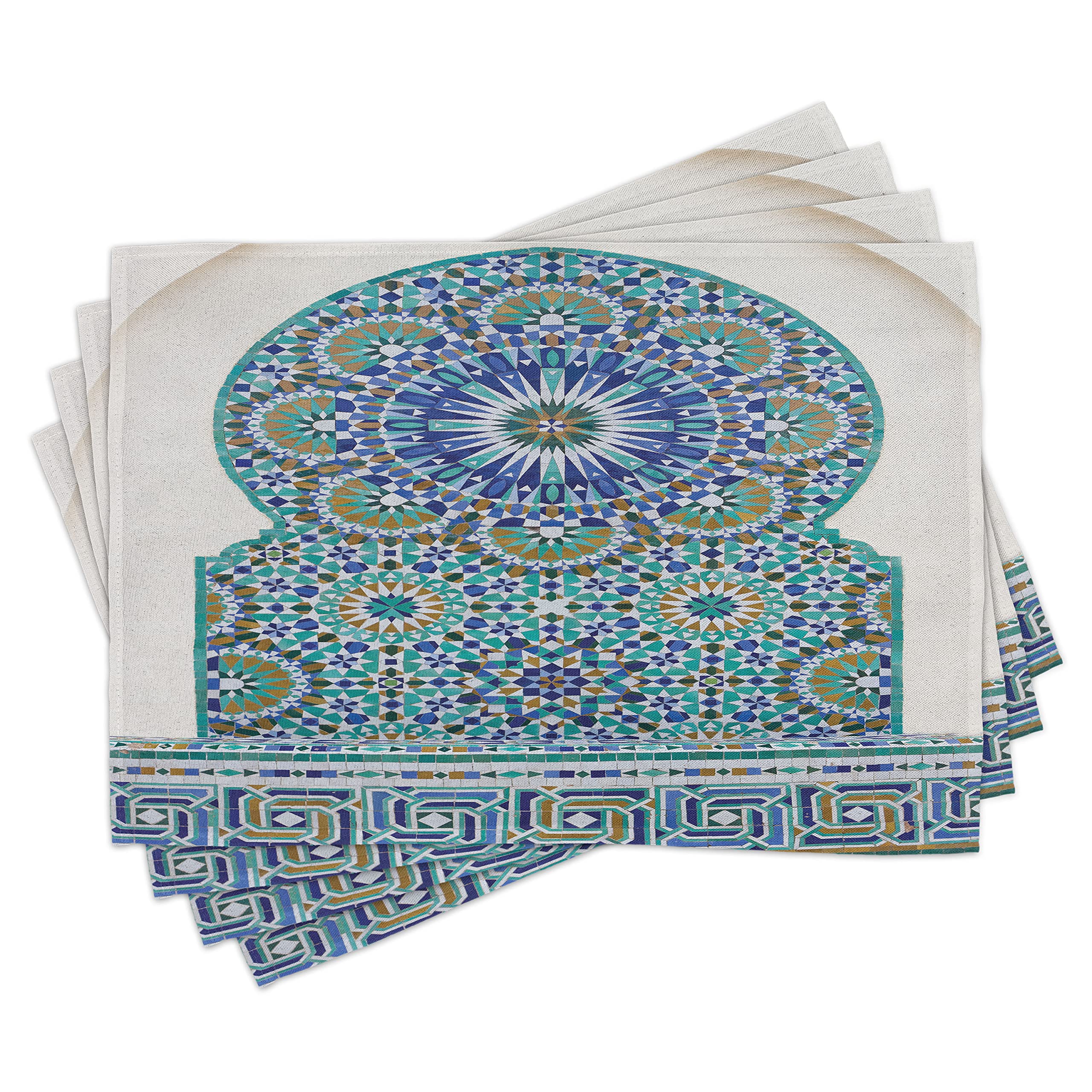 ABAKUHAUS Moroccan Place Mats Set of 4, Eastern Ceramic Tile, Washable Fabric Placemats for Dining Room Kitchen Table Decor, Pale Coffee Turquoise