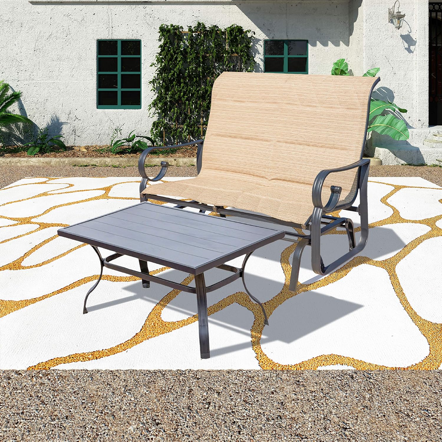 Patio Festival Patio Outdoor Glider Seat Patio Bistro Furniture Sets With Garden Rocking Seating For 2 Person Loveseat And Sofa Table For Outdoor Backyard Beside Pool Lawn 2pc Beige